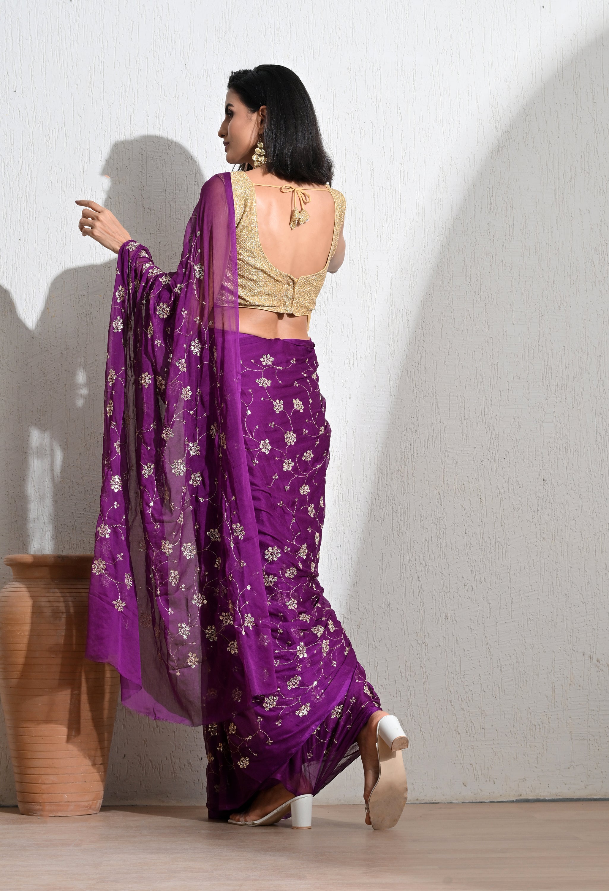 Plum All over work Chiffon Saree