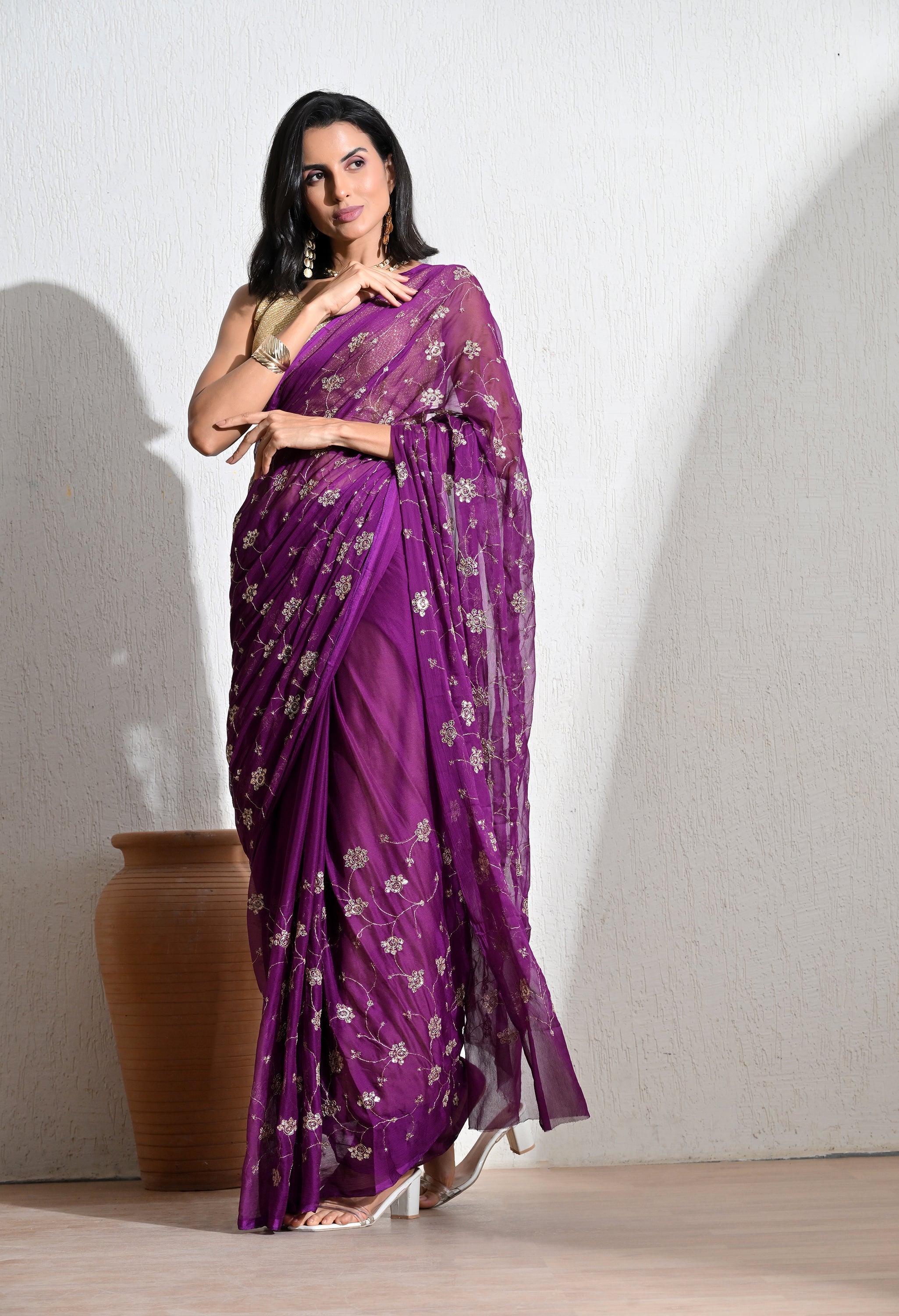 Plum All over work Chiffon Saree