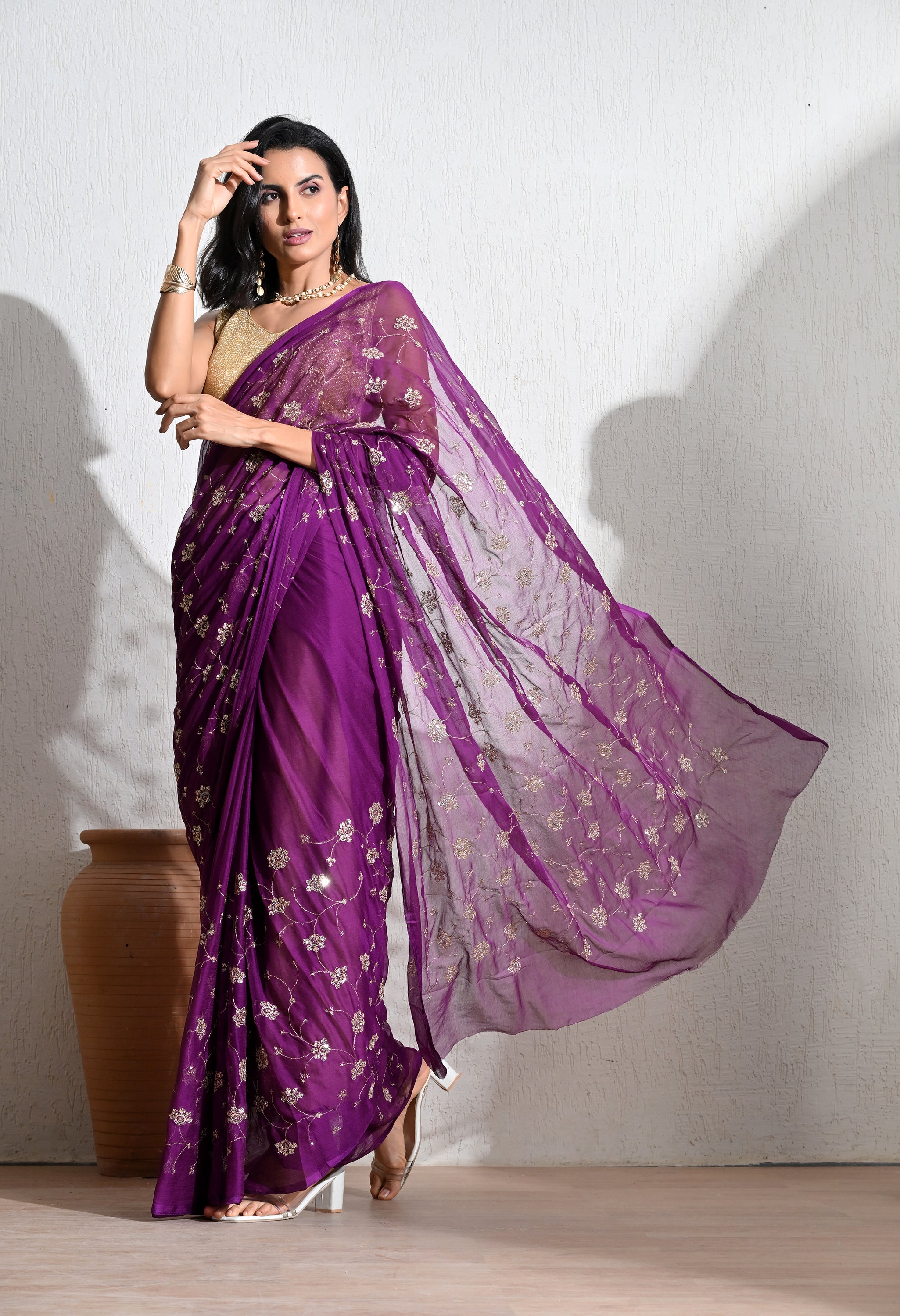 Plum All over work Chiffon Saree