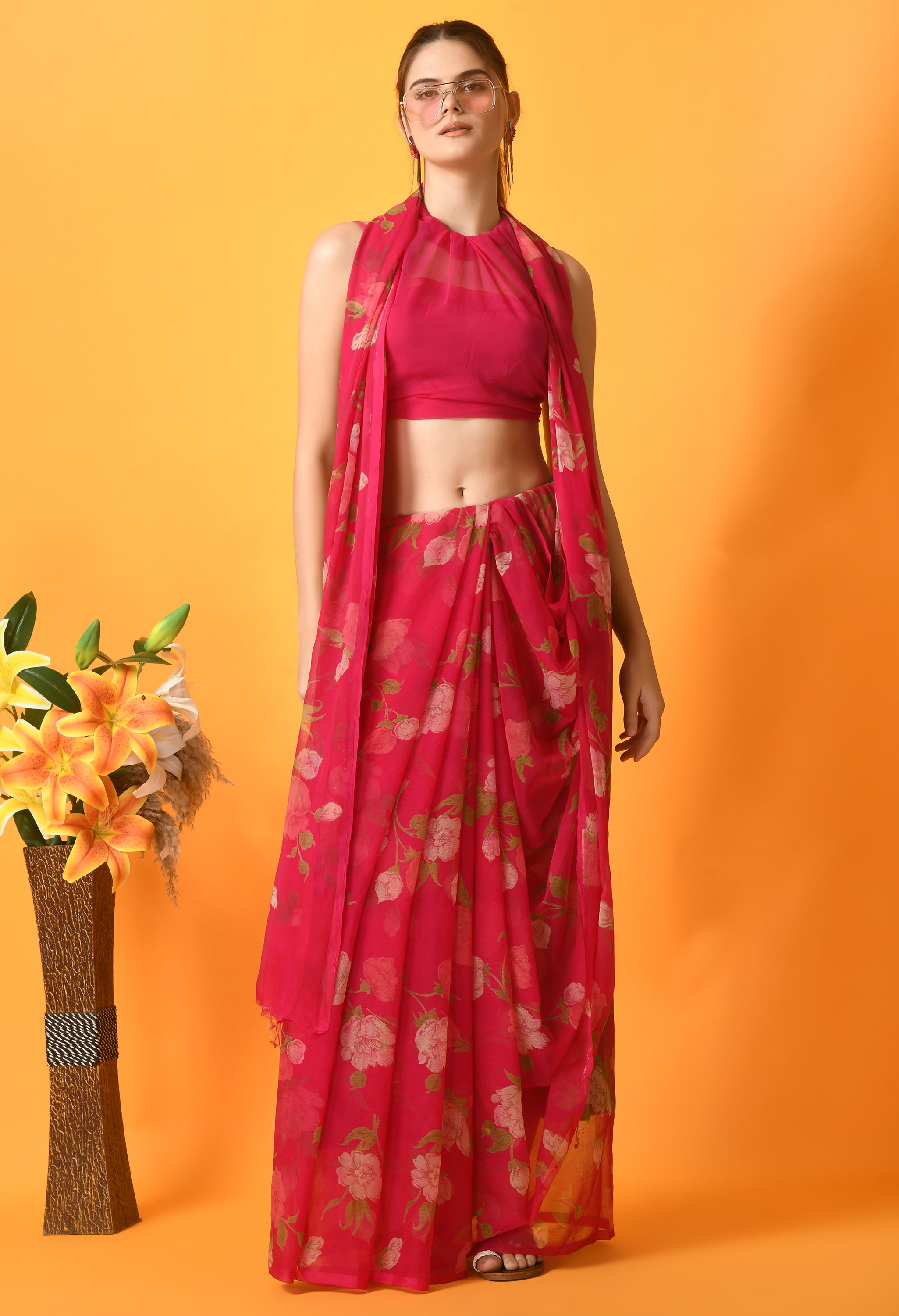 Dark Pink Floral Printed Chiffon Saree