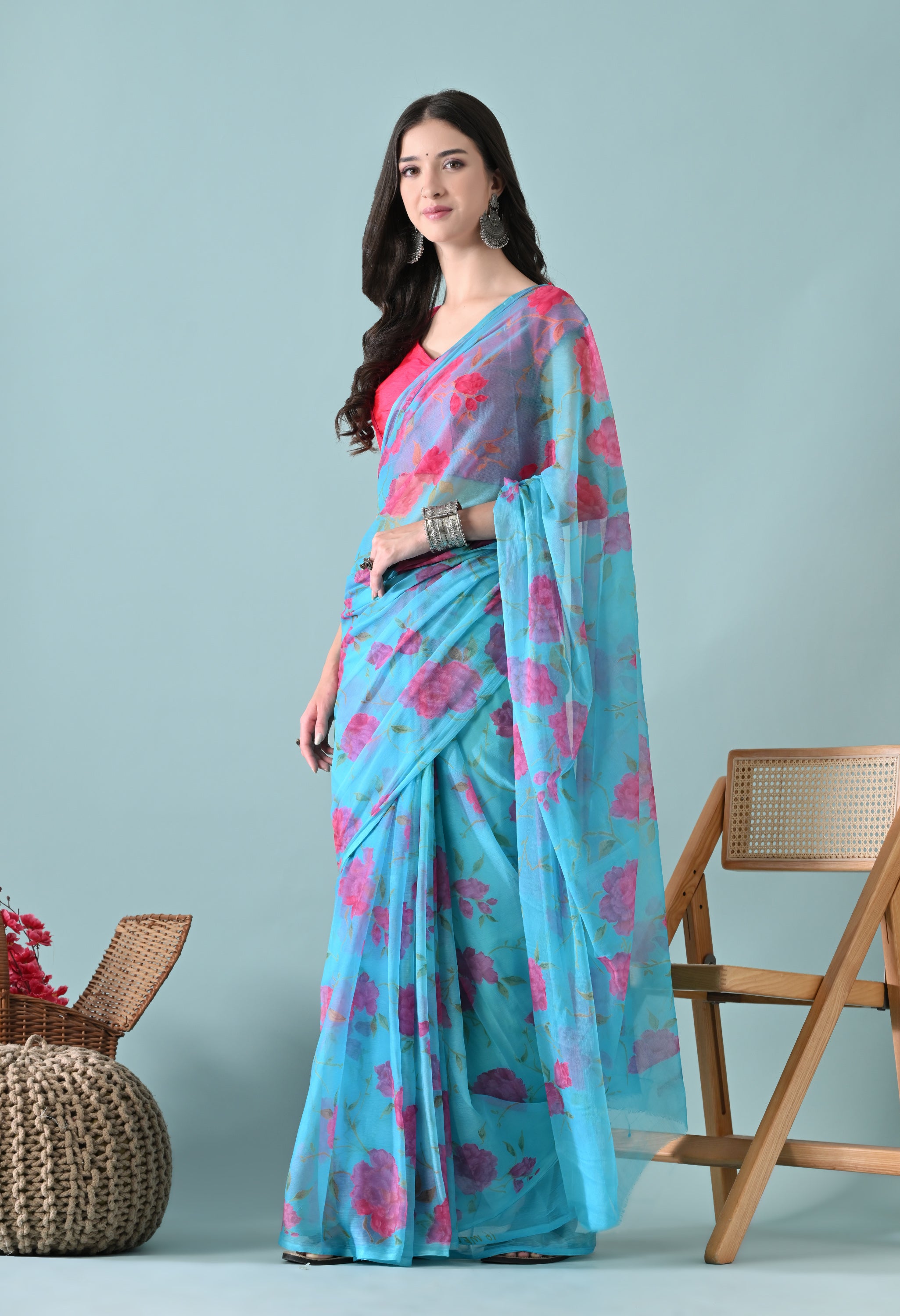 Pacific Blue Printed Floral Chiffon Saree