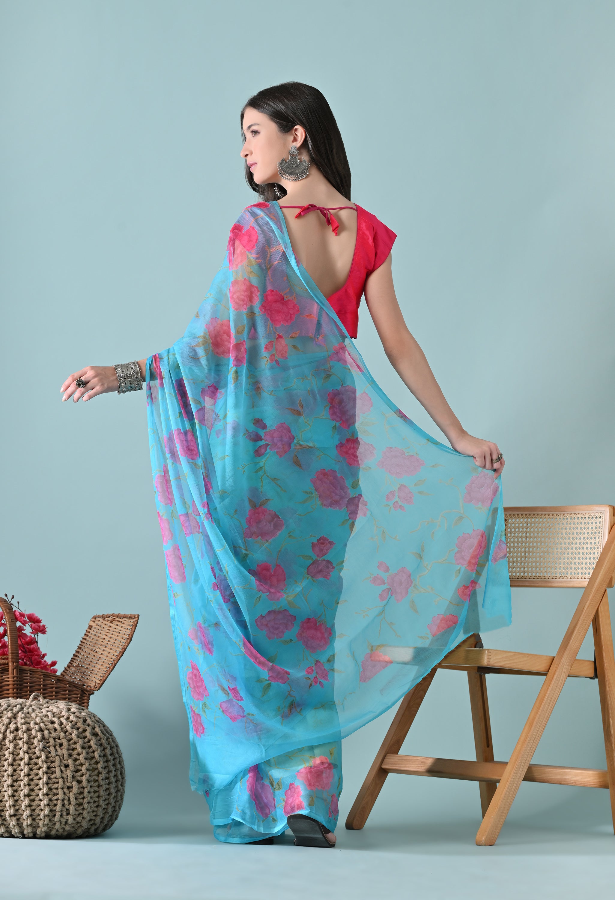 Pacific Blue Printed Floral Chiffon Saree