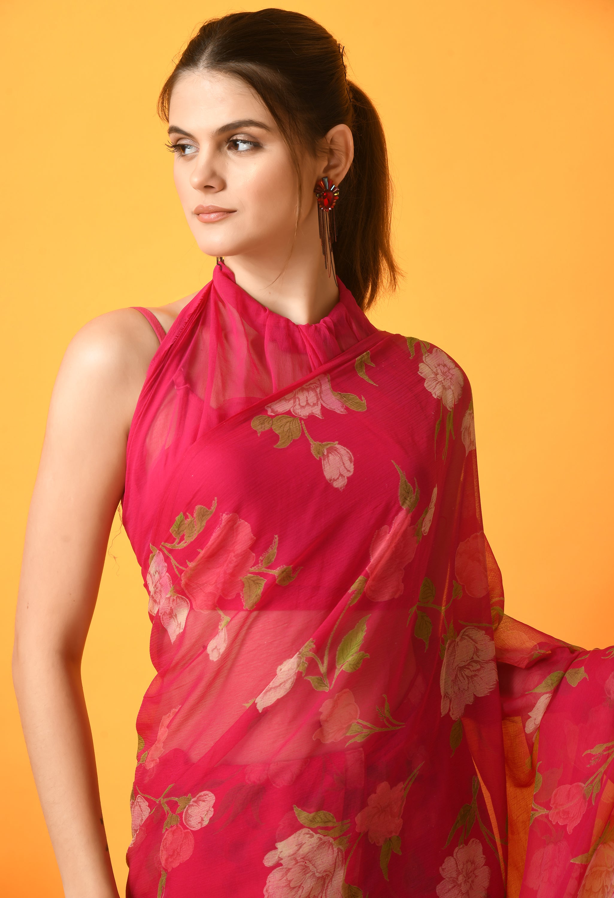 Dark Pink Floral Printed Chiffon Saree