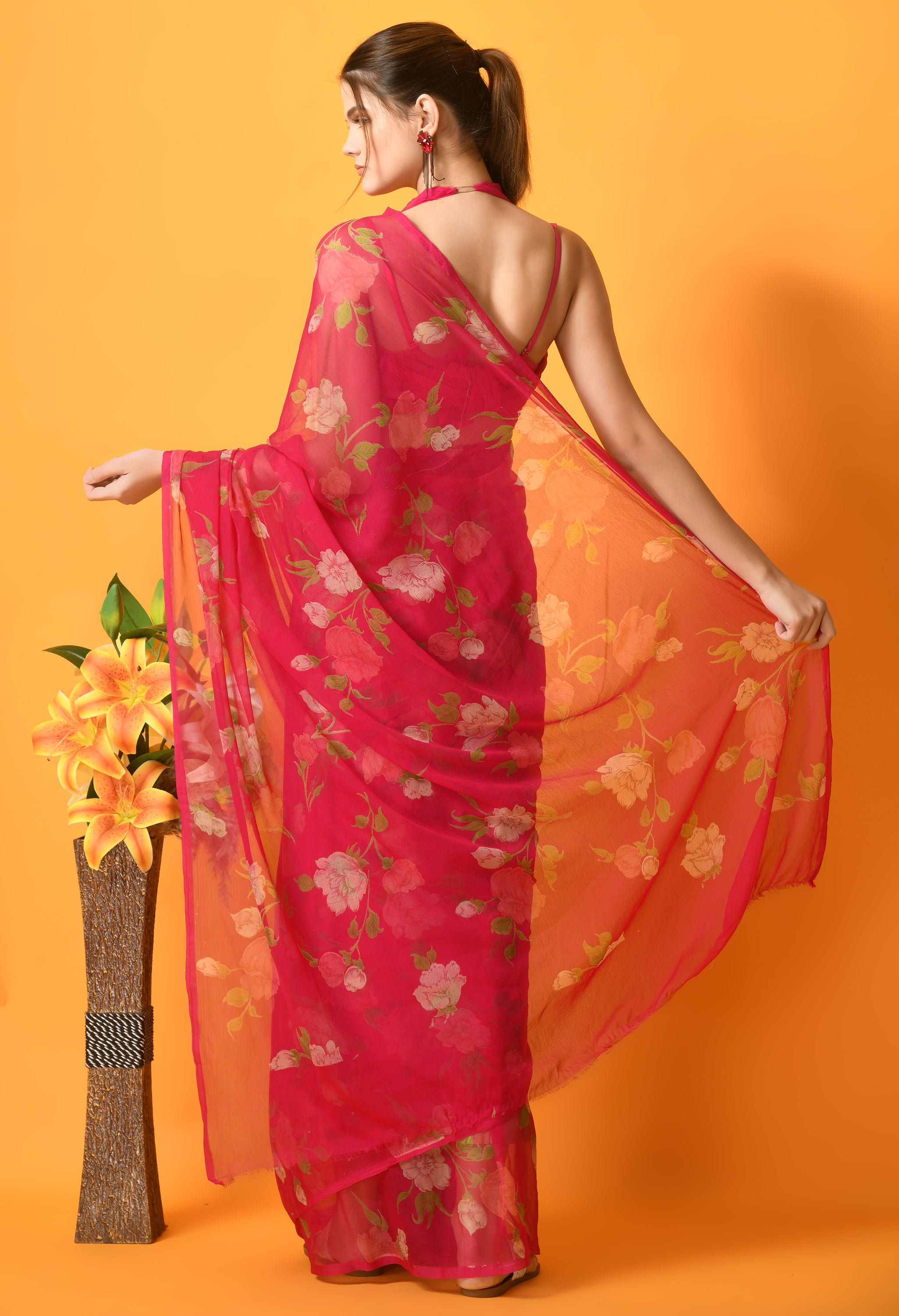 Dark Pink Floral Printed Chiffon Saree