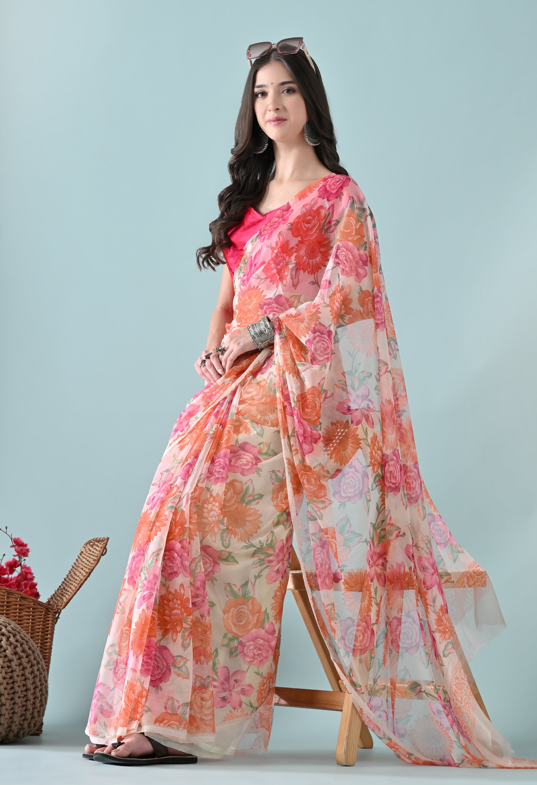 Pastel White Printed Floral Chiffon Saree