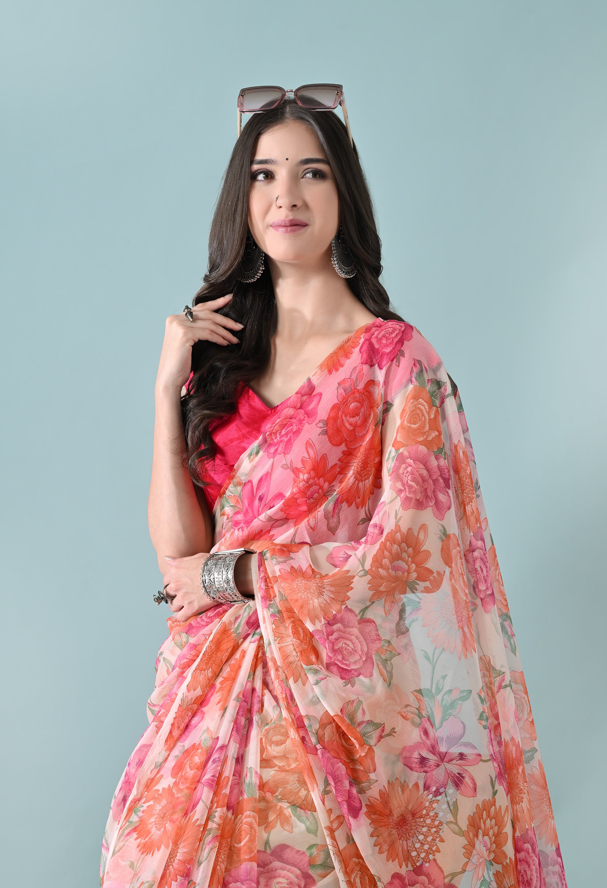 Pastel White Printed Floral Chiffon Saree