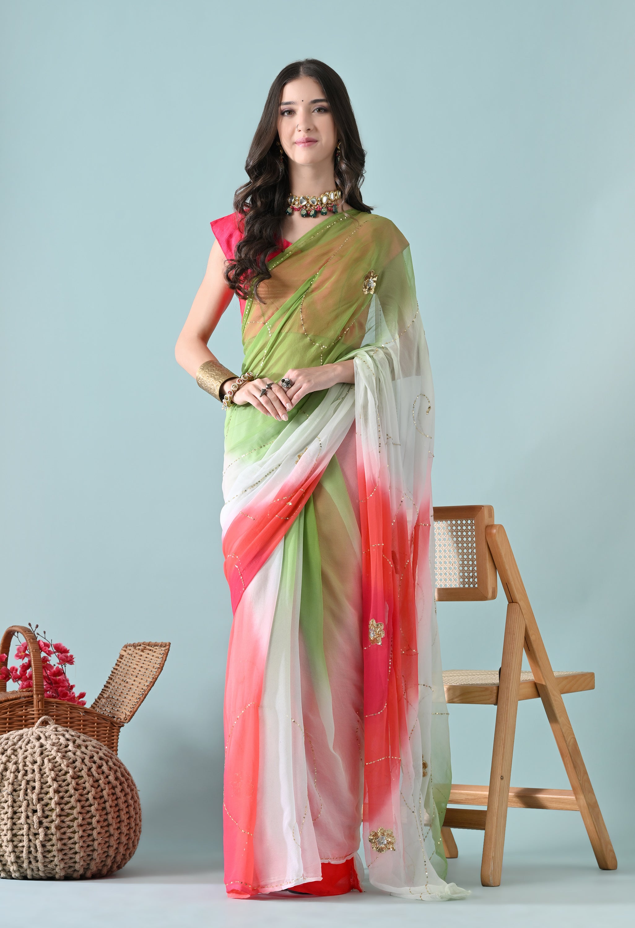 Watermelon Tie & Dye Sequin Diamond Chiffon Saree