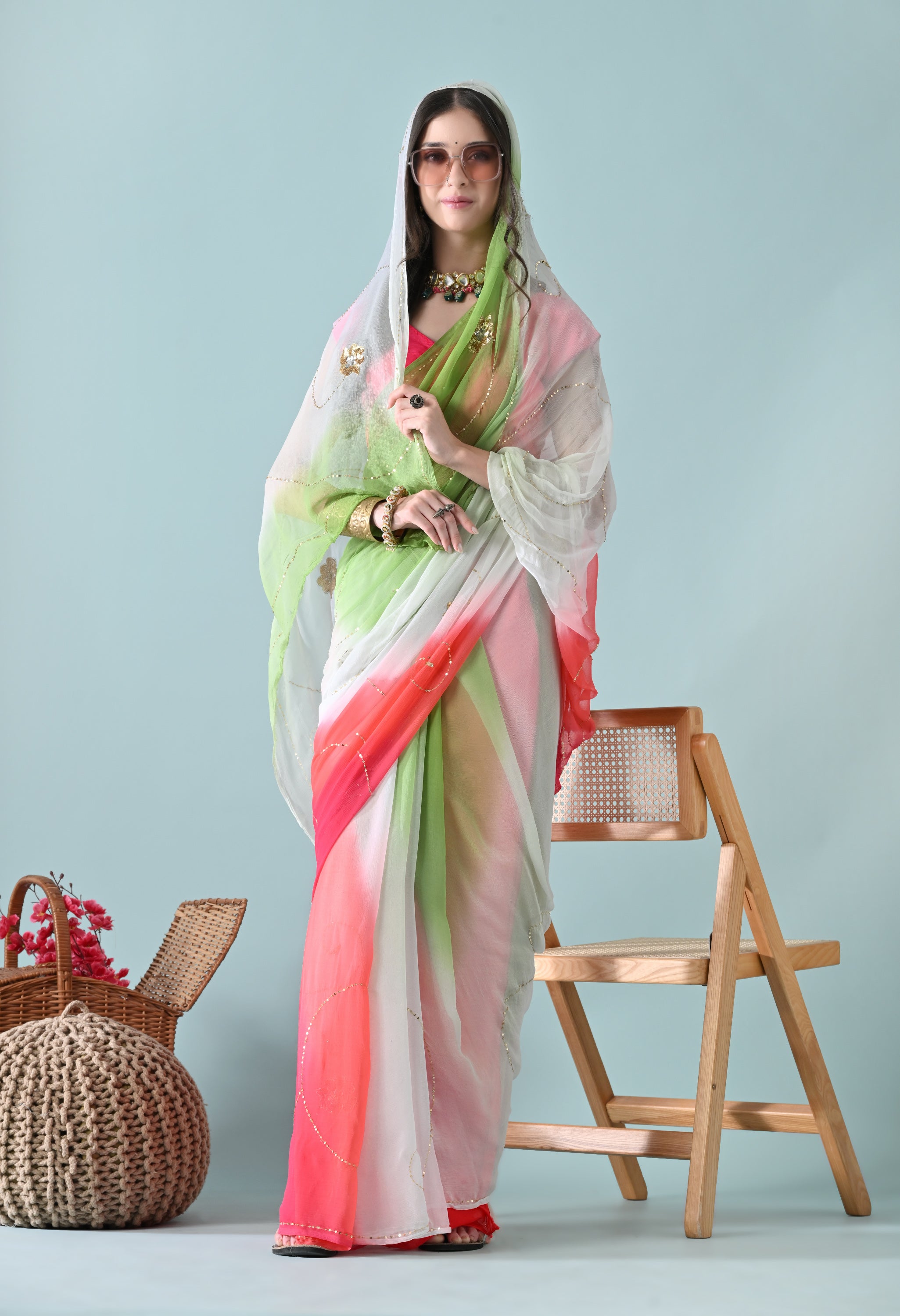 Watermelon Tie & Dye Sequin Diamond Chiffon Saree