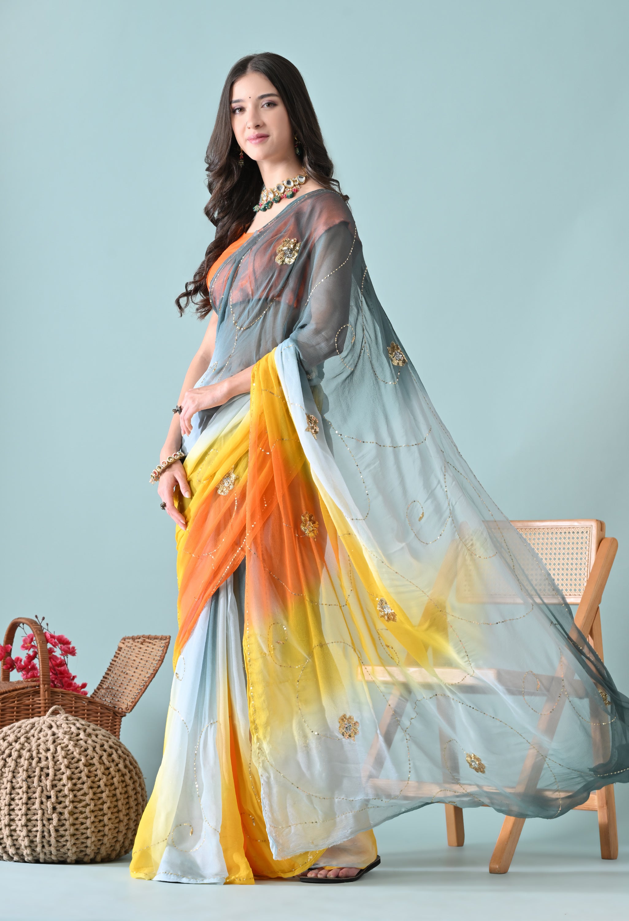 Old Tangelo Tie & Dye Sequin Diamond Chiffon Saree