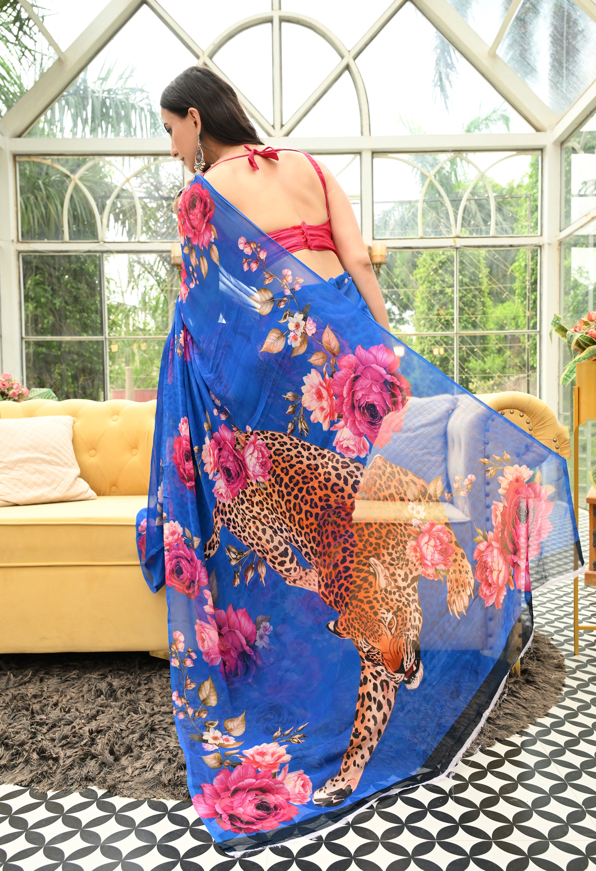Cobalt Wildscape Pure Chiffon Saree