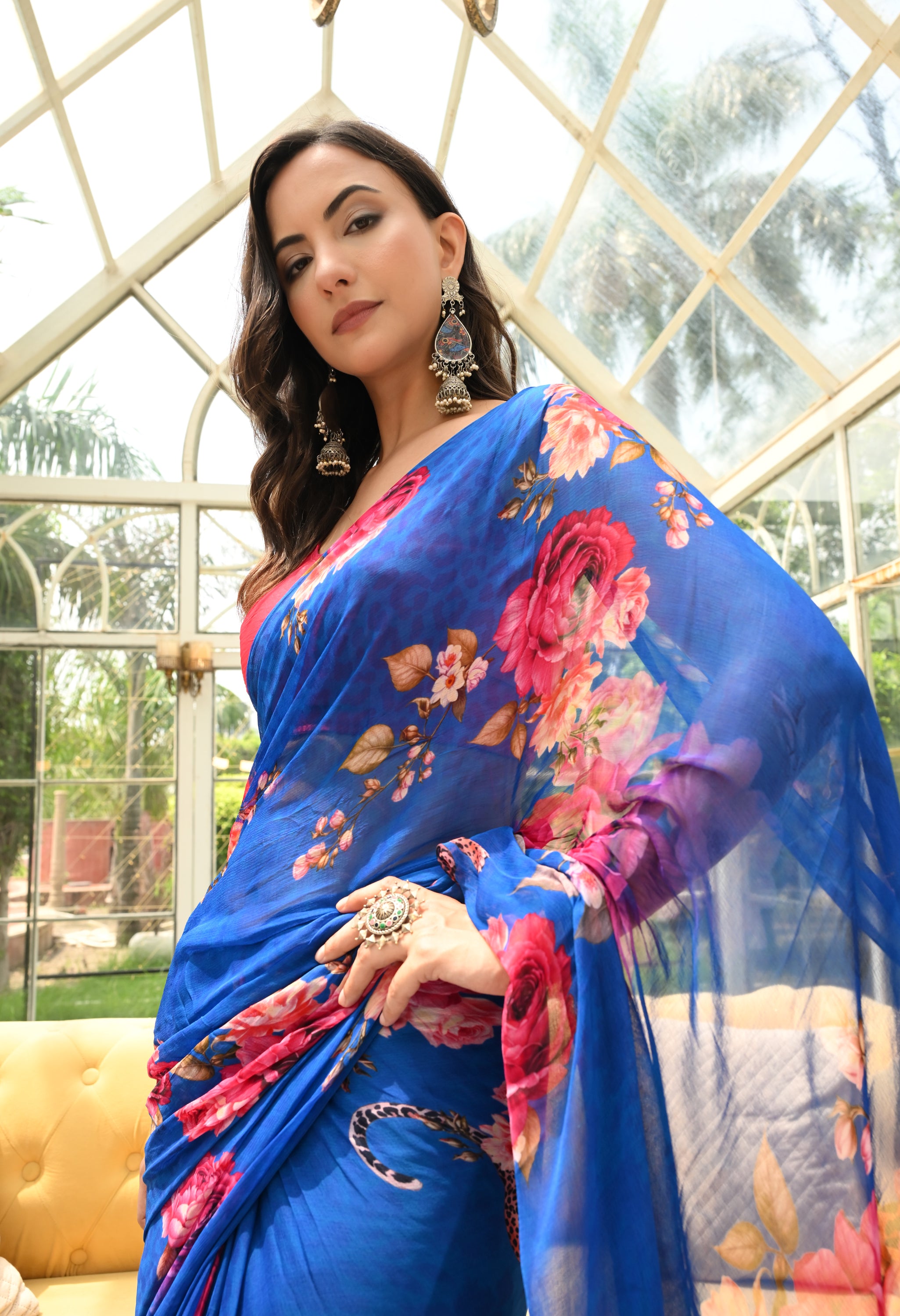 Cobalt Wildscape Pure Chiffon Saree