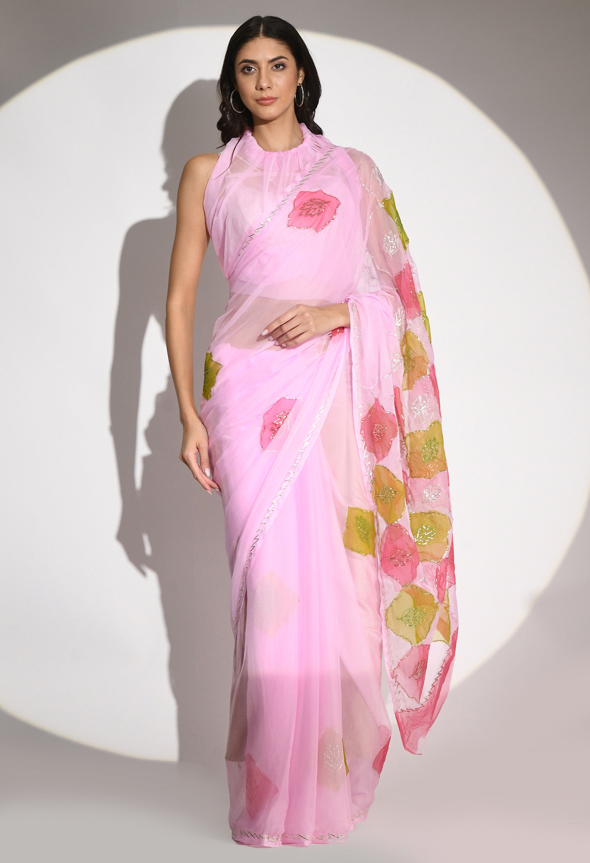 Barbie Pink Hand Painted Gotta Chiffon saree design showcasing festive wear elegance, styled as casual saree, party wear saree, and timeless trousseau saree.