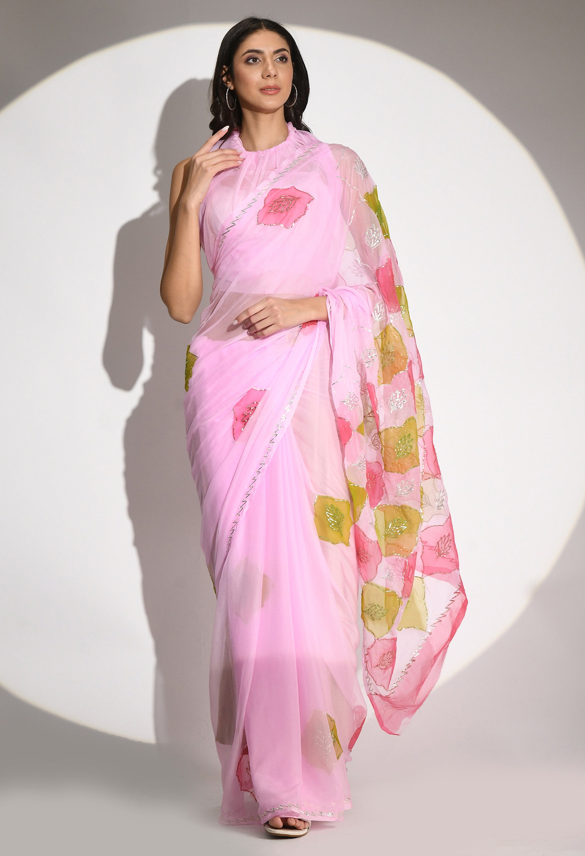 Barbie Pink Hand Painted Gotta Chiffon saree design showcasing festive wear elegance, styled as casual saree, party wear saree, and timeless trousseau saree.