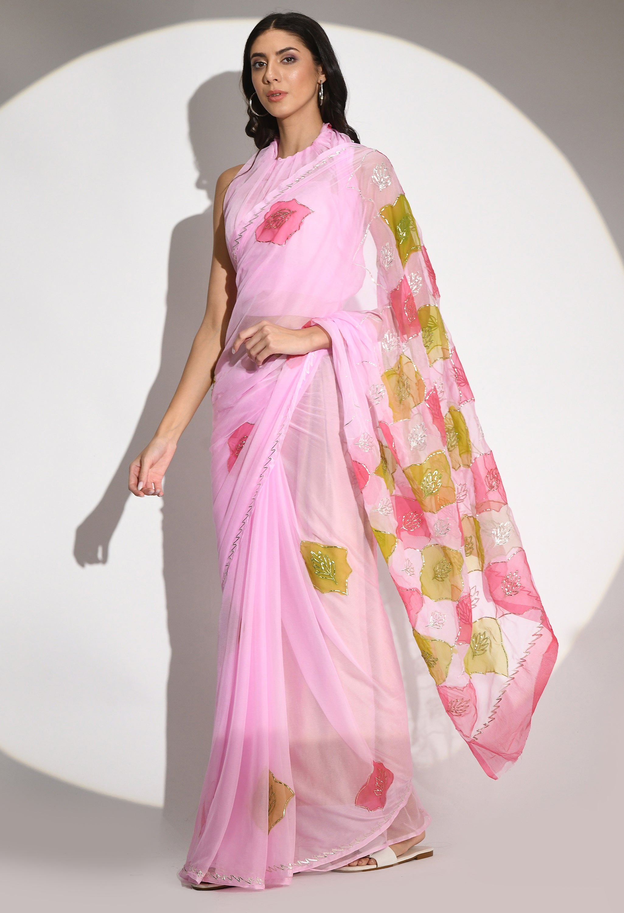 Barbie Pink Hand Painted Gotta Chiffon saree design showcasing festive wear elegance, styled as casual saree, party wear saree, and timeless trousseau saree.