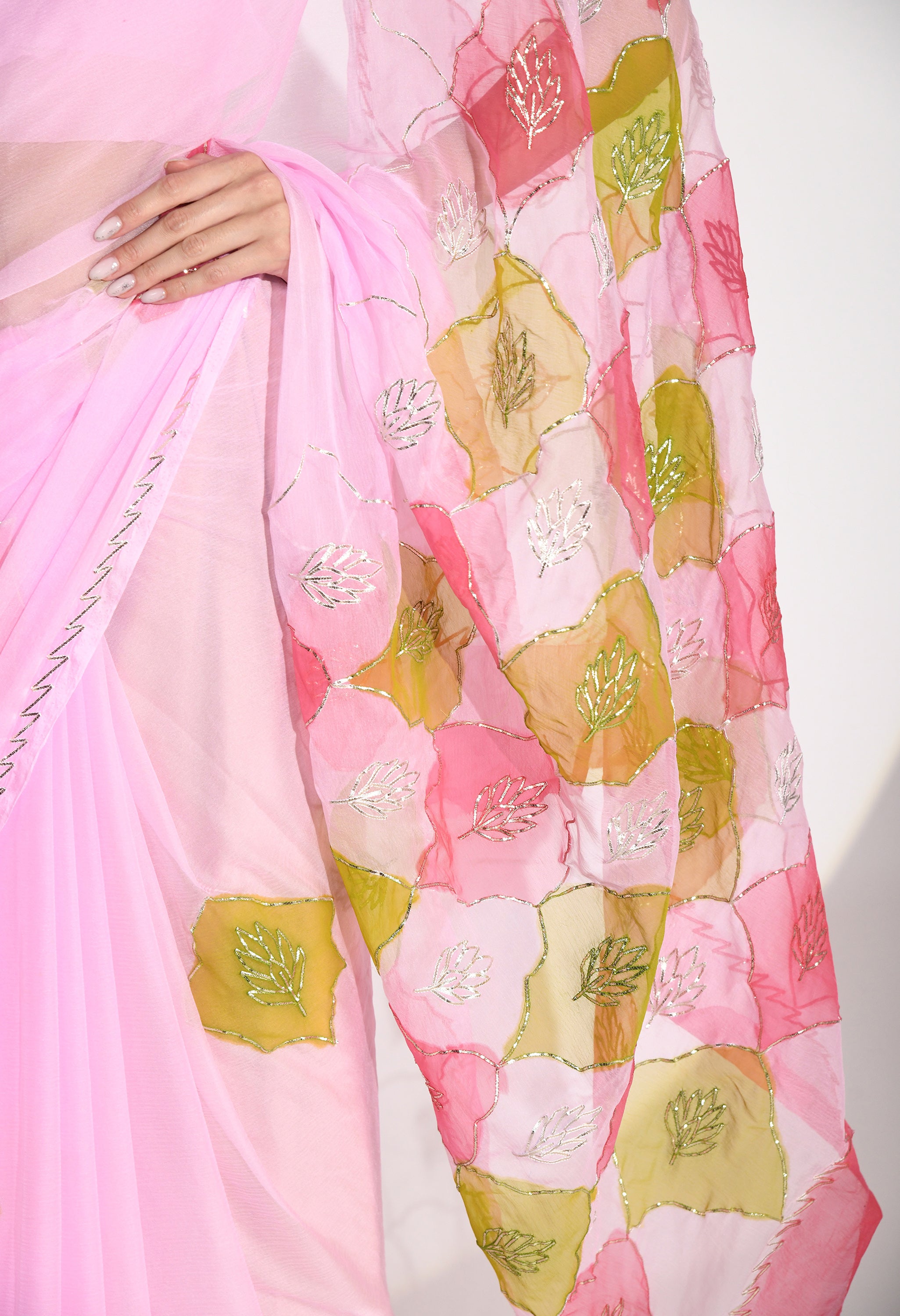 Barbie Pink Hand Painted Gotta Chiffon saree design showcasing festive wear elegance, styled as casual saree, party wear saree, and timeless trousseau saree.