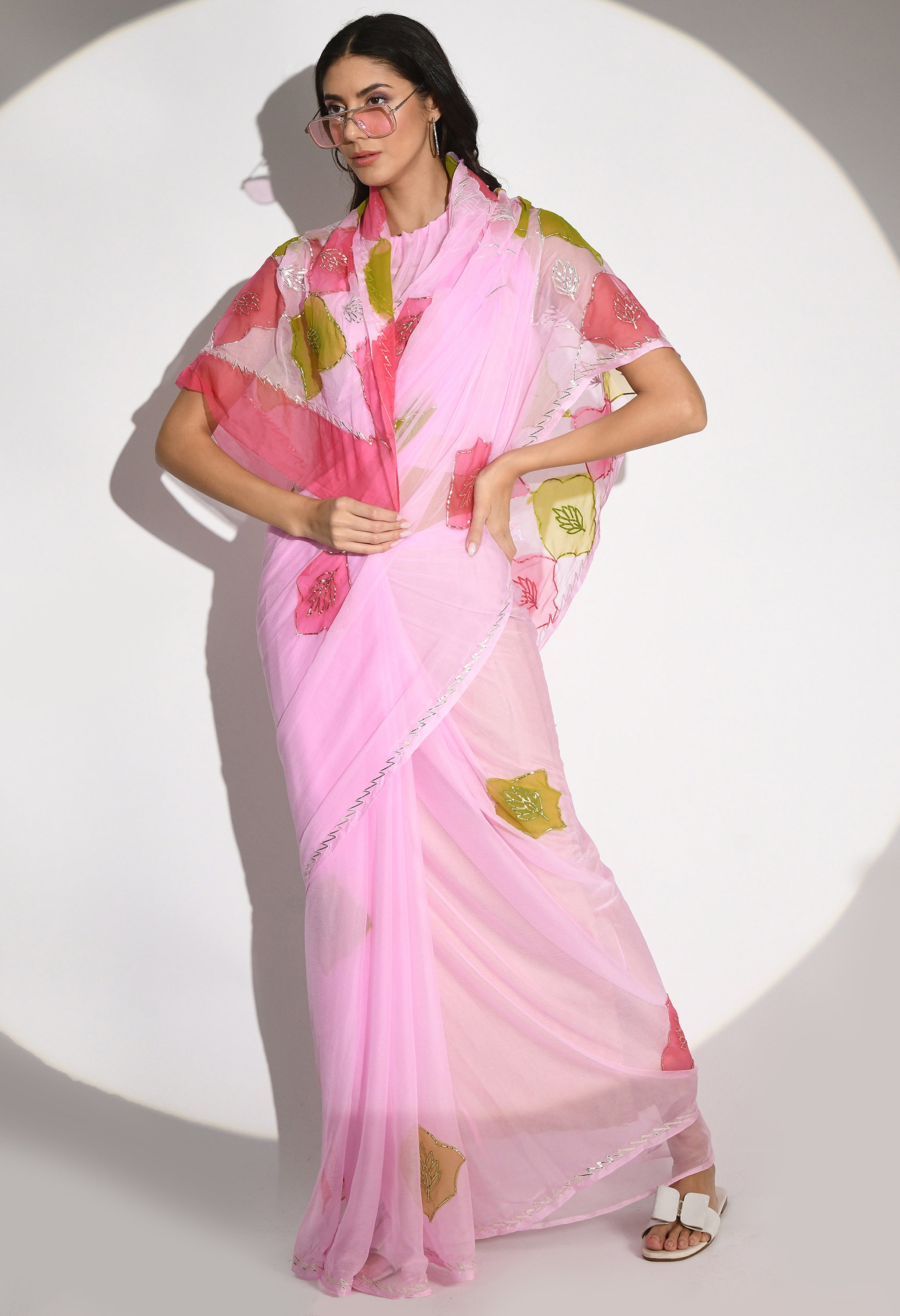 Barbie Pink Hand Painted Gotta Chiffon saree design showcasing festive wear elegance, styled as casual saree, party wear saree, and timeless trousseau saree.