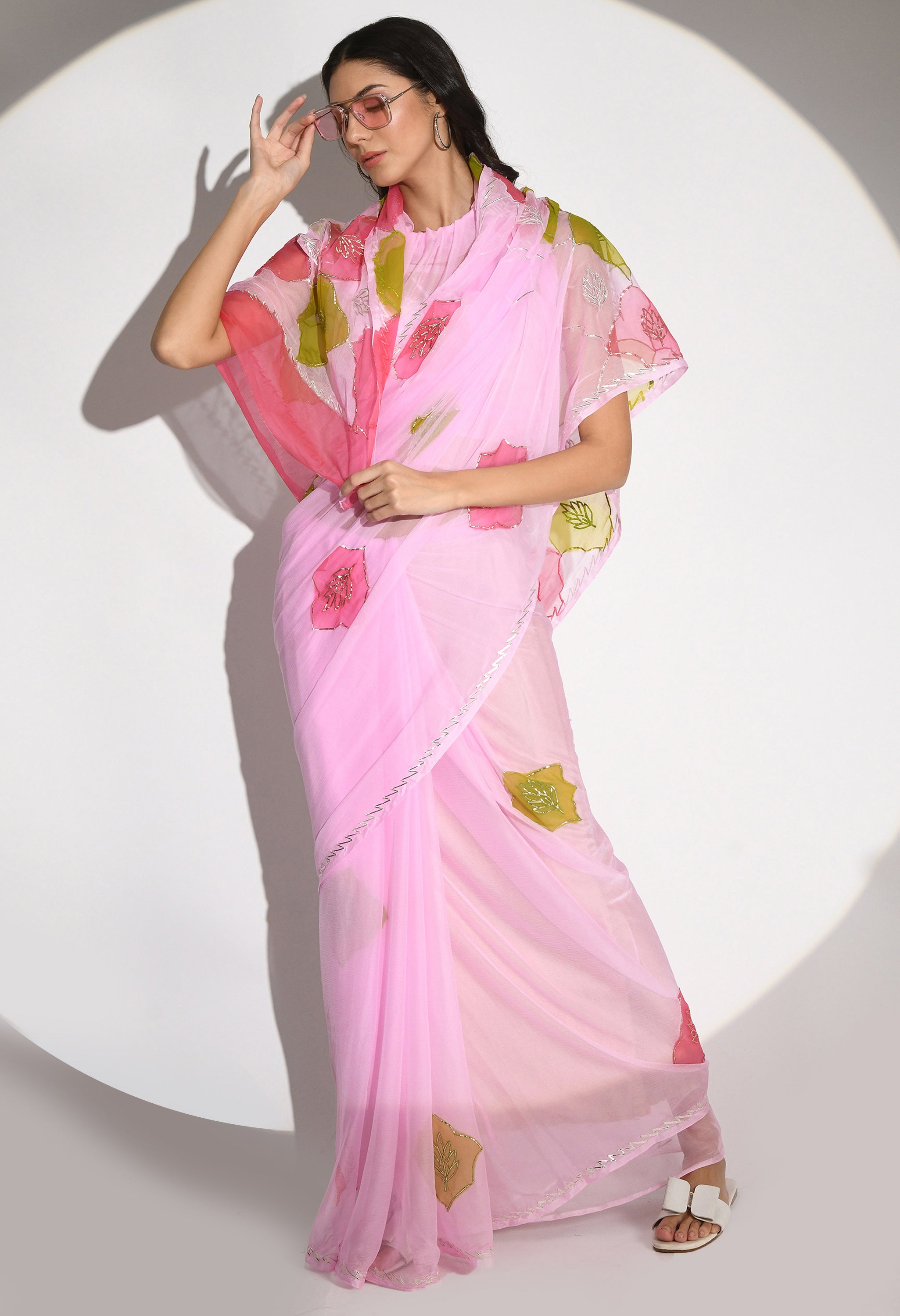 Barbie Pink Hand Painted Gotta Chiffon saree design showcasing festive wear elegance, styled as casual saree, party wear saree, and timeless trousseau saree.