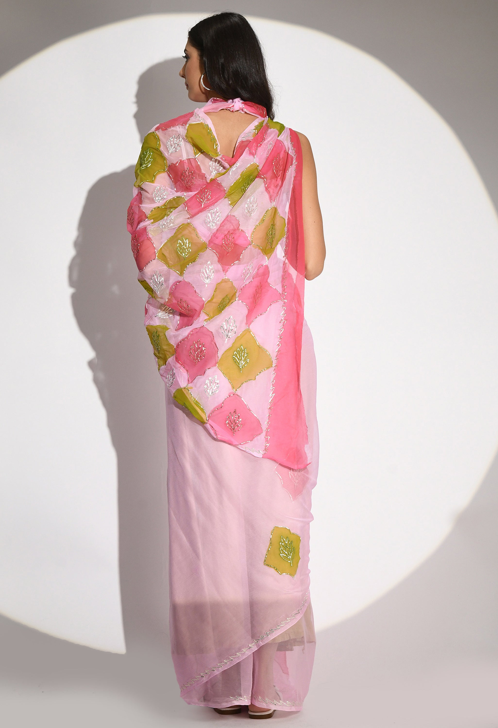 Barbie Pink Hand Painted Gotta Chiffon saree design showcasing festive wear elegance, styled as casual saree, party wear saree, and timeless trousseau saree.