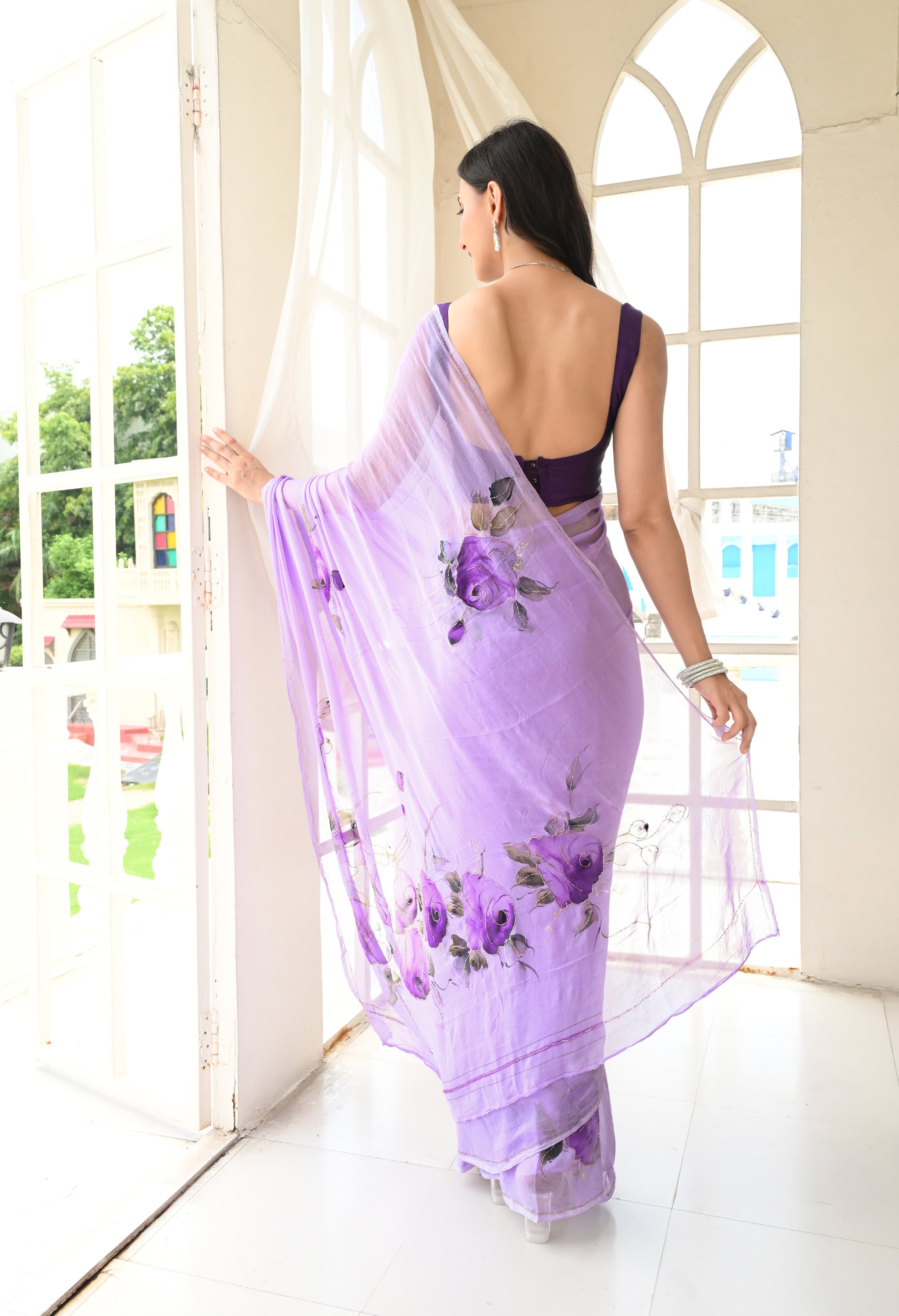 Amethyst Trail Pure Chiffon Saree