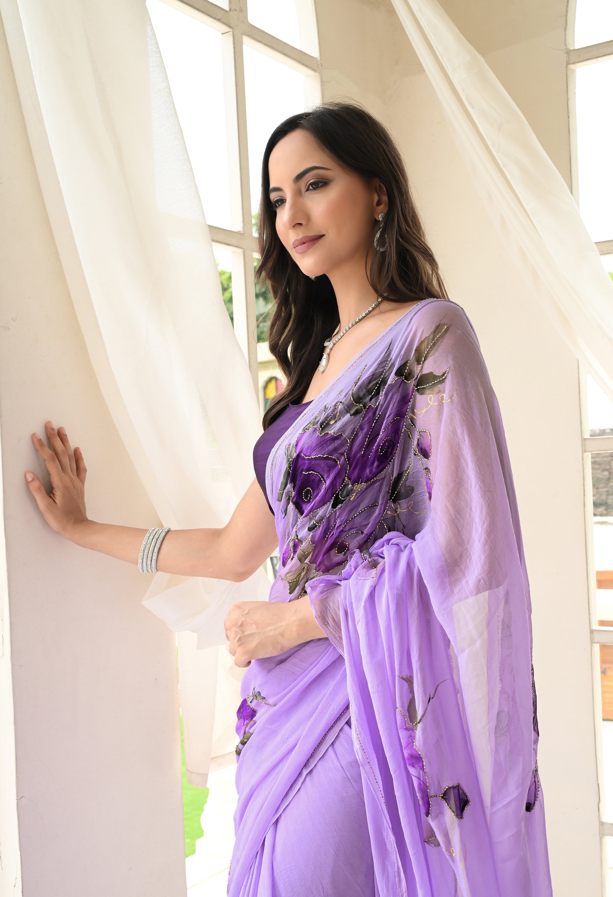 Amethyst Trail Pure Chiffon Saree