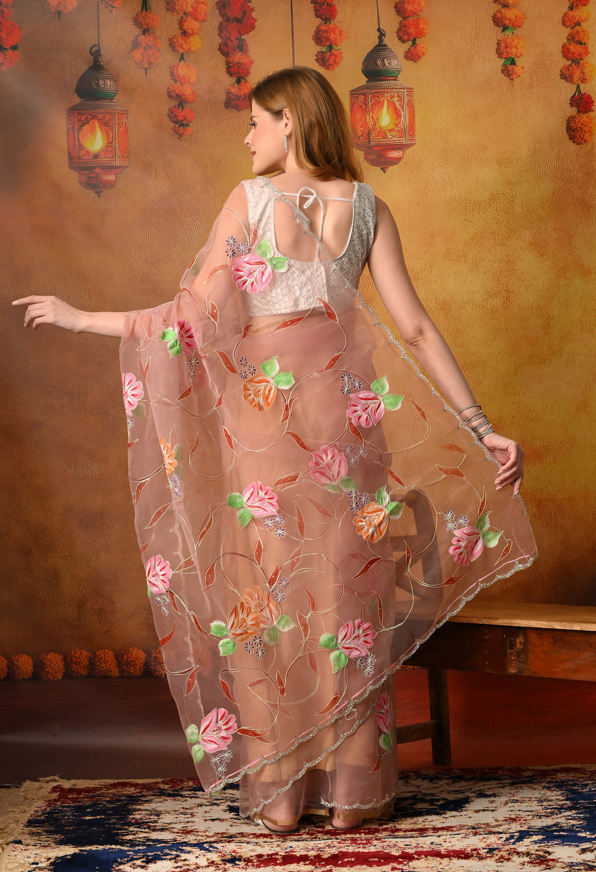 Hand Printed Beige Organza Saree