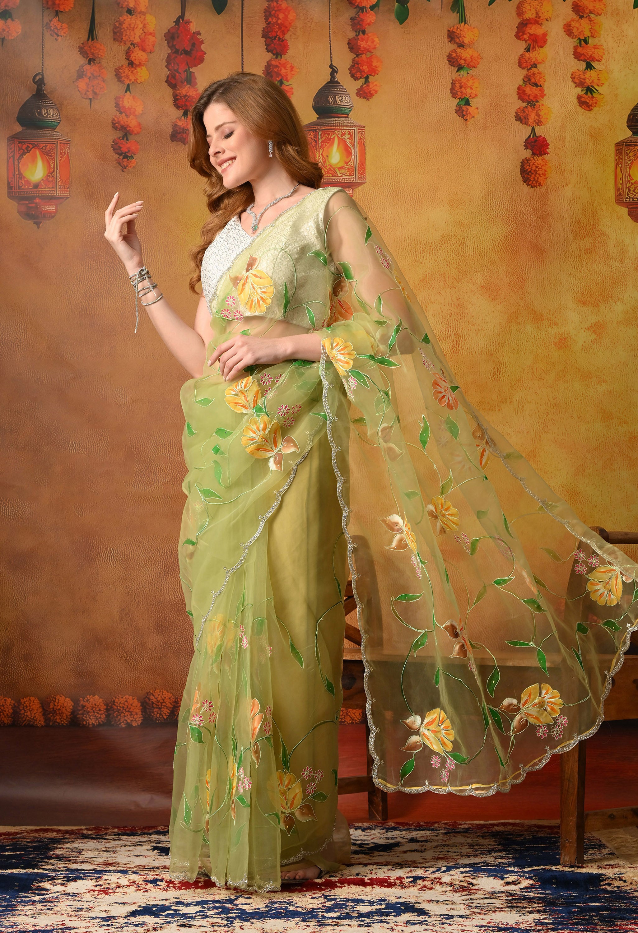 Hand Printed Green Organza Saree