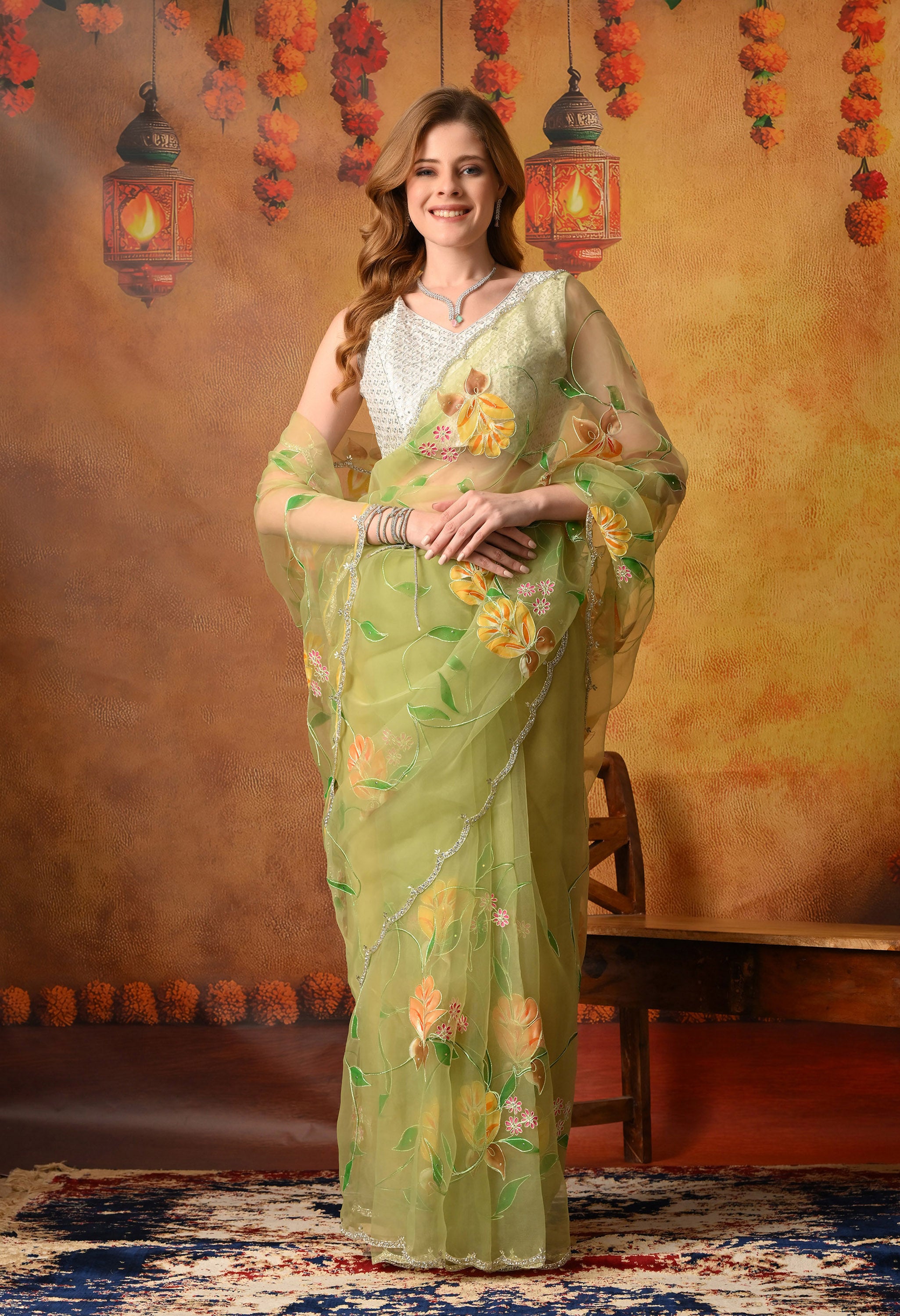 Hand Printed Green Organza Saree