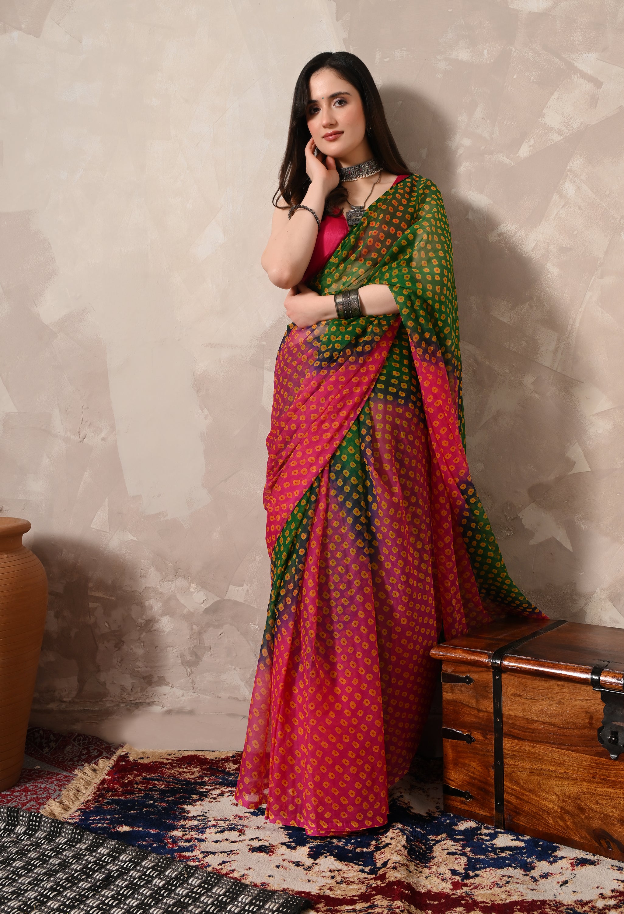 Pink & Green Chiffon Bandhej Print Saree