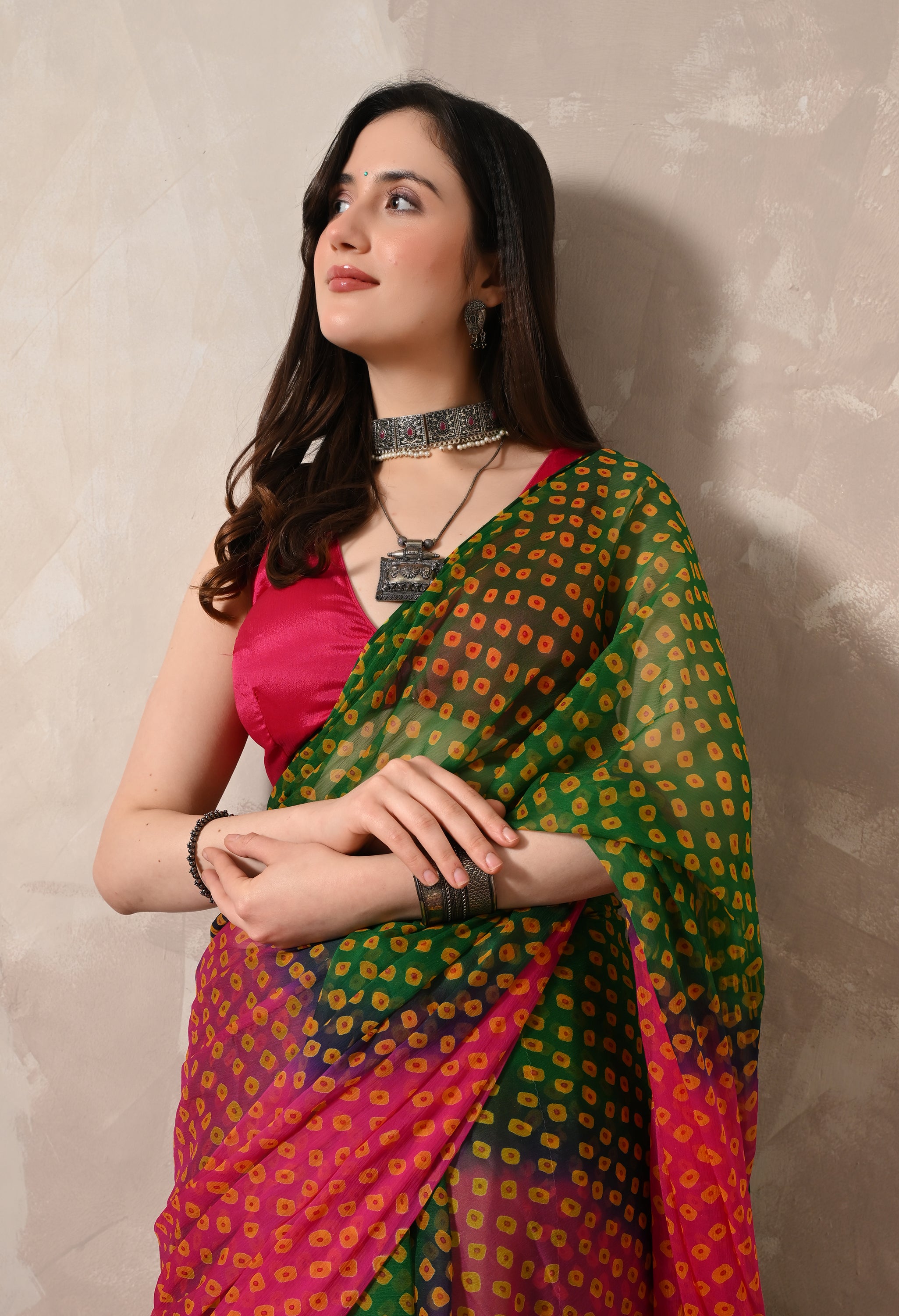 Pink & Green Chiffon Bandhej Print Saree