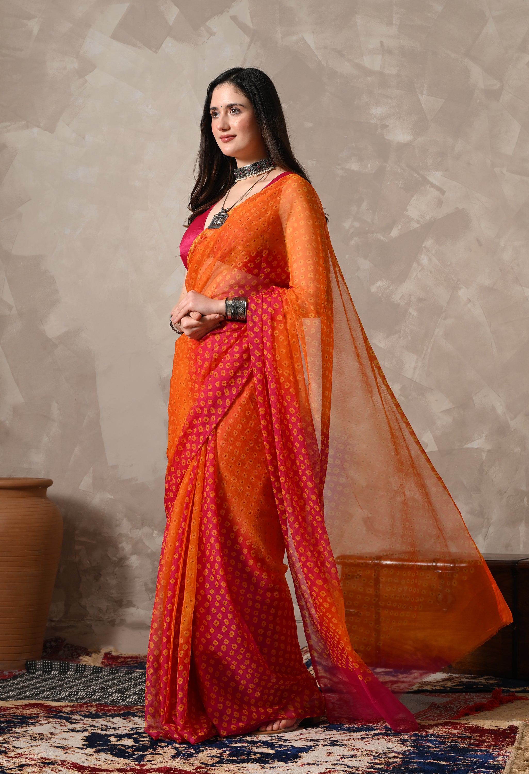 Orange & Rani Pink Chiffon Bandhej Print Saree