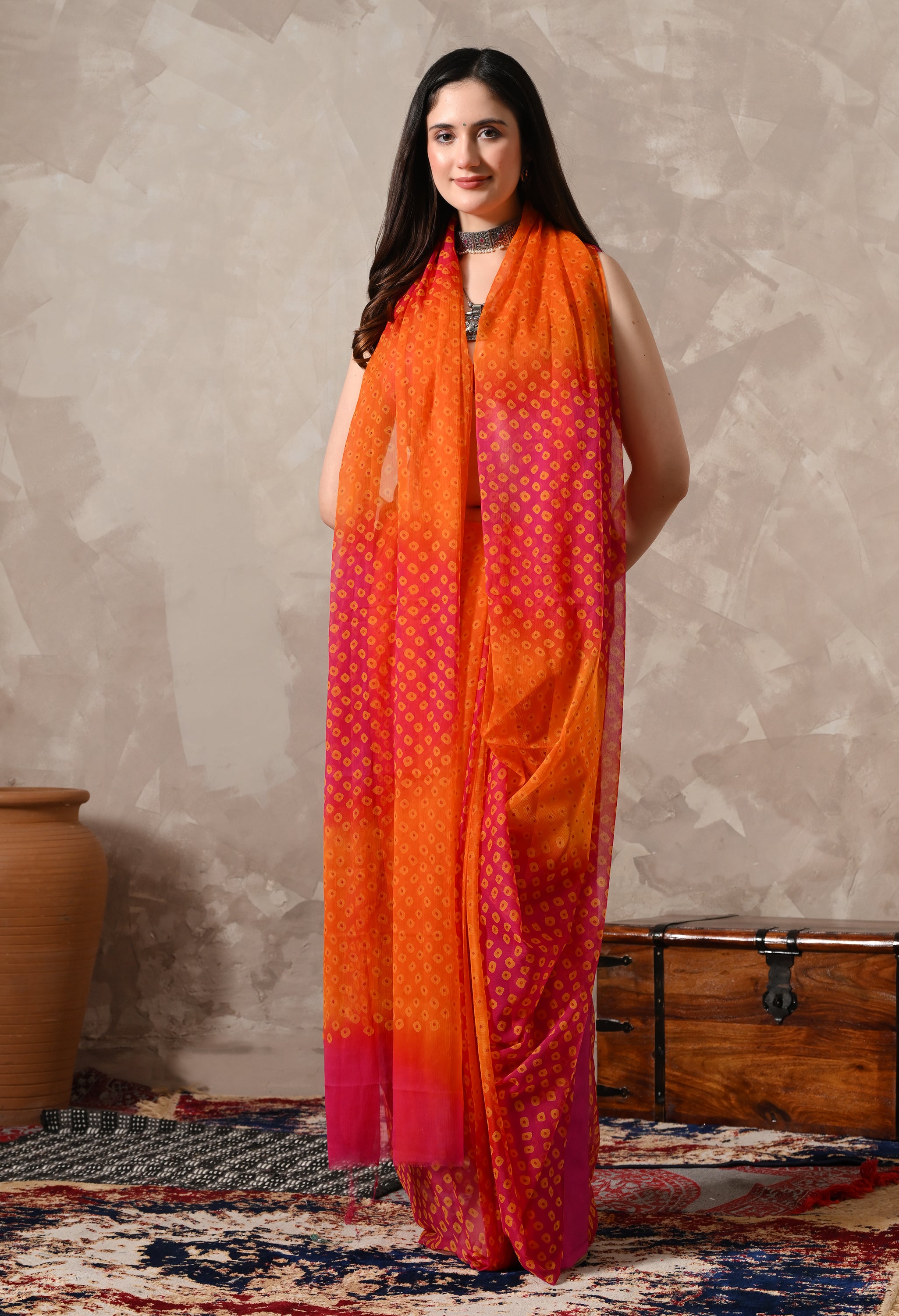 Orange & Rani Pink Chiffon Bandhej Print Saree