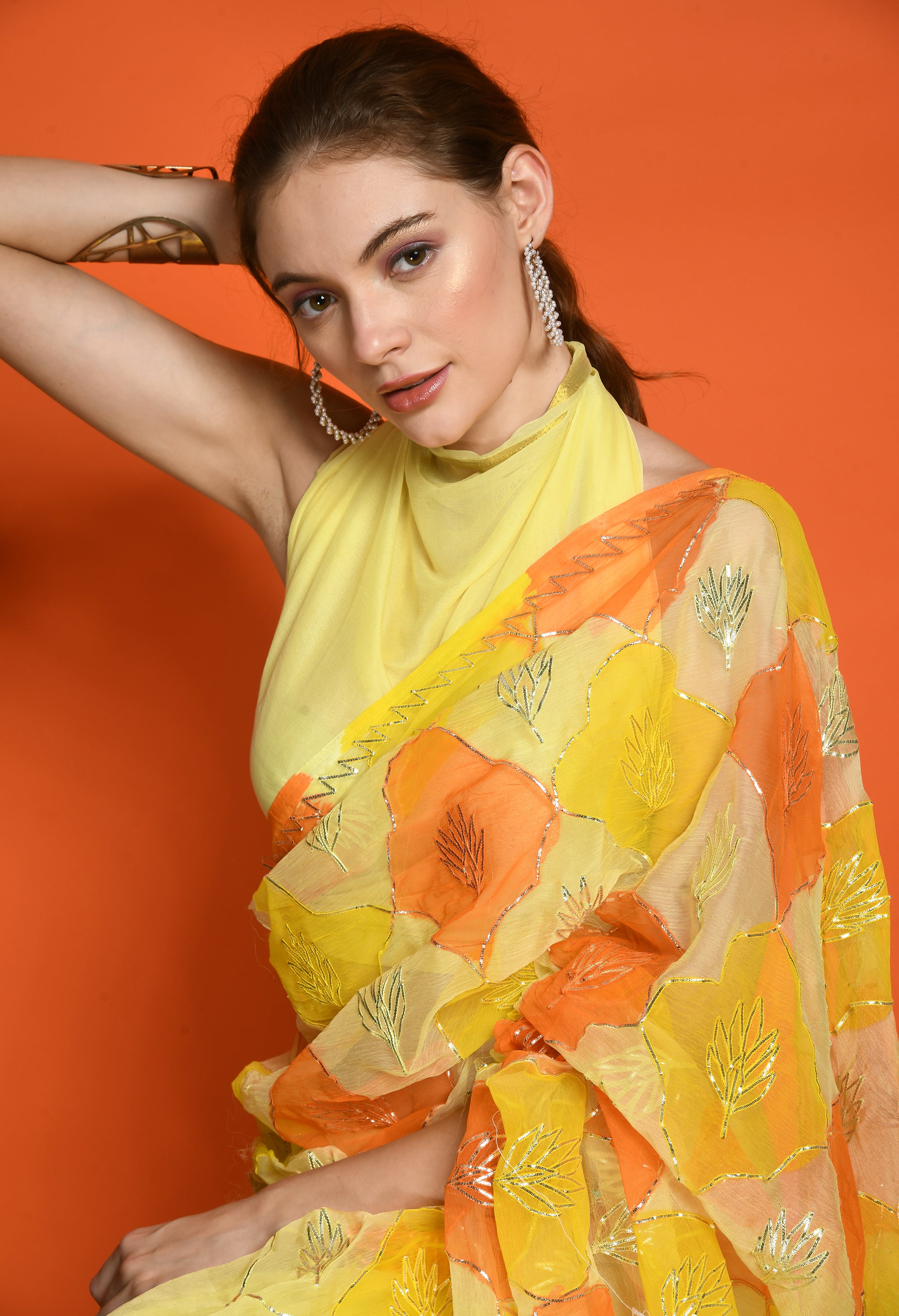 Sun Dew Hand Painted Gotta Chiffon Saree