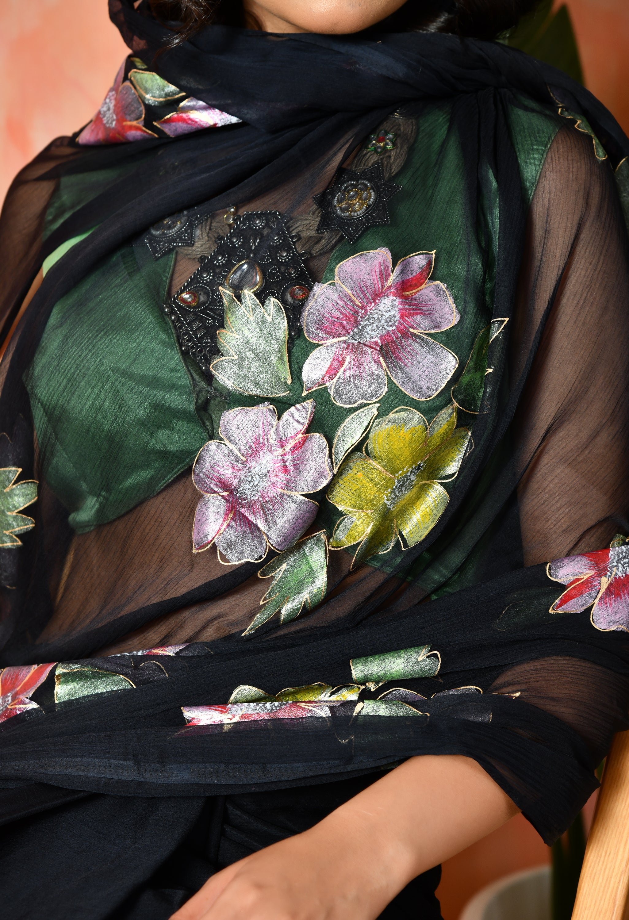 Smokey Black Hand Painted Chiffon Saree