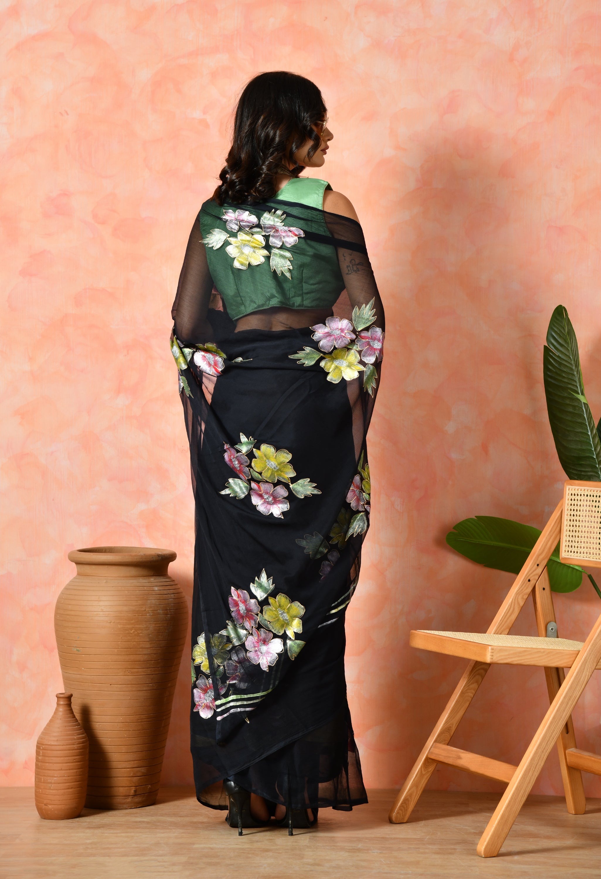 Smokey Black Hand Painted Chiffon Saree