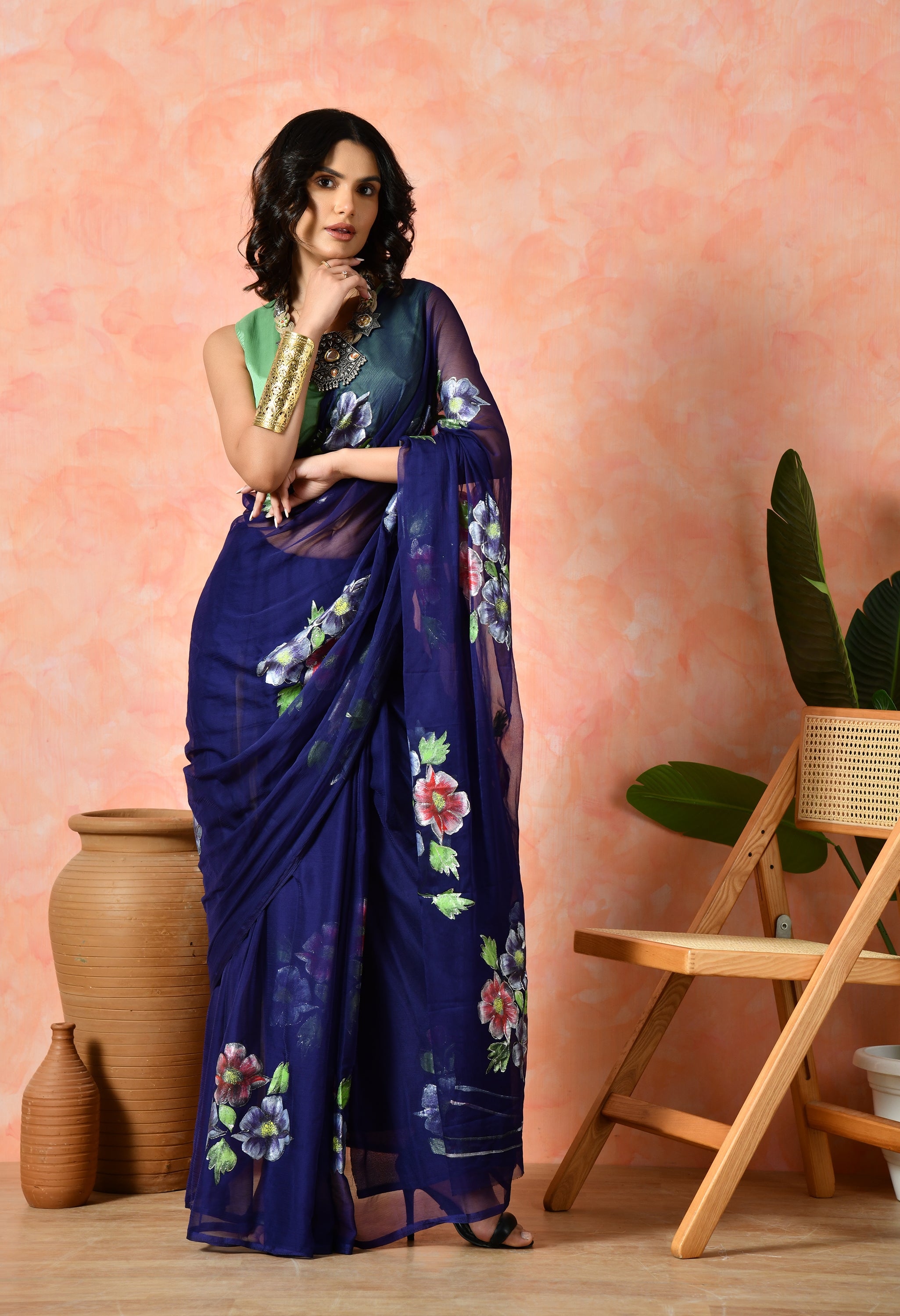 Cool Bluey Hand Painted Chiffon Saree