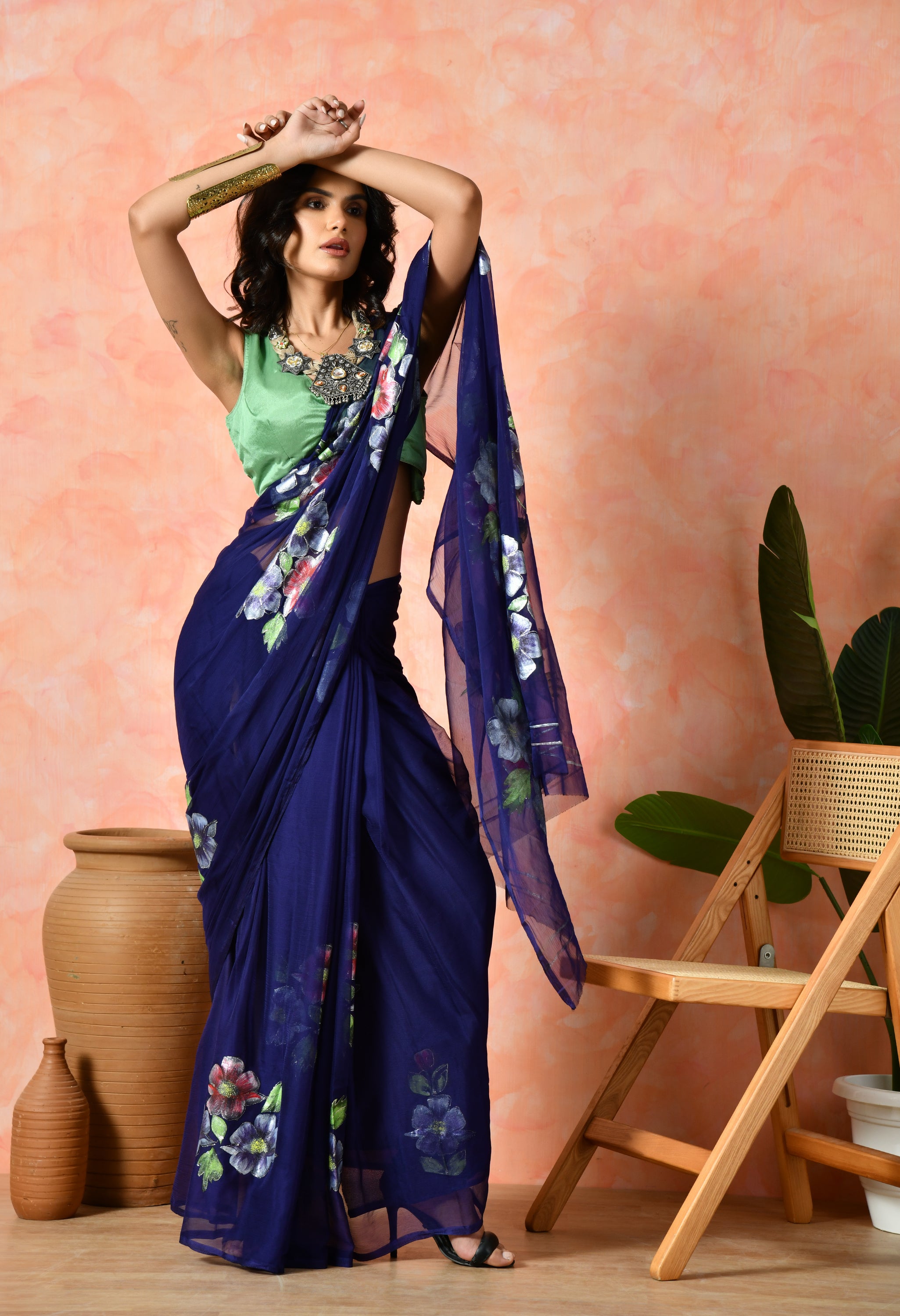 Cool Bluey Hand Painted Chiffon Saree