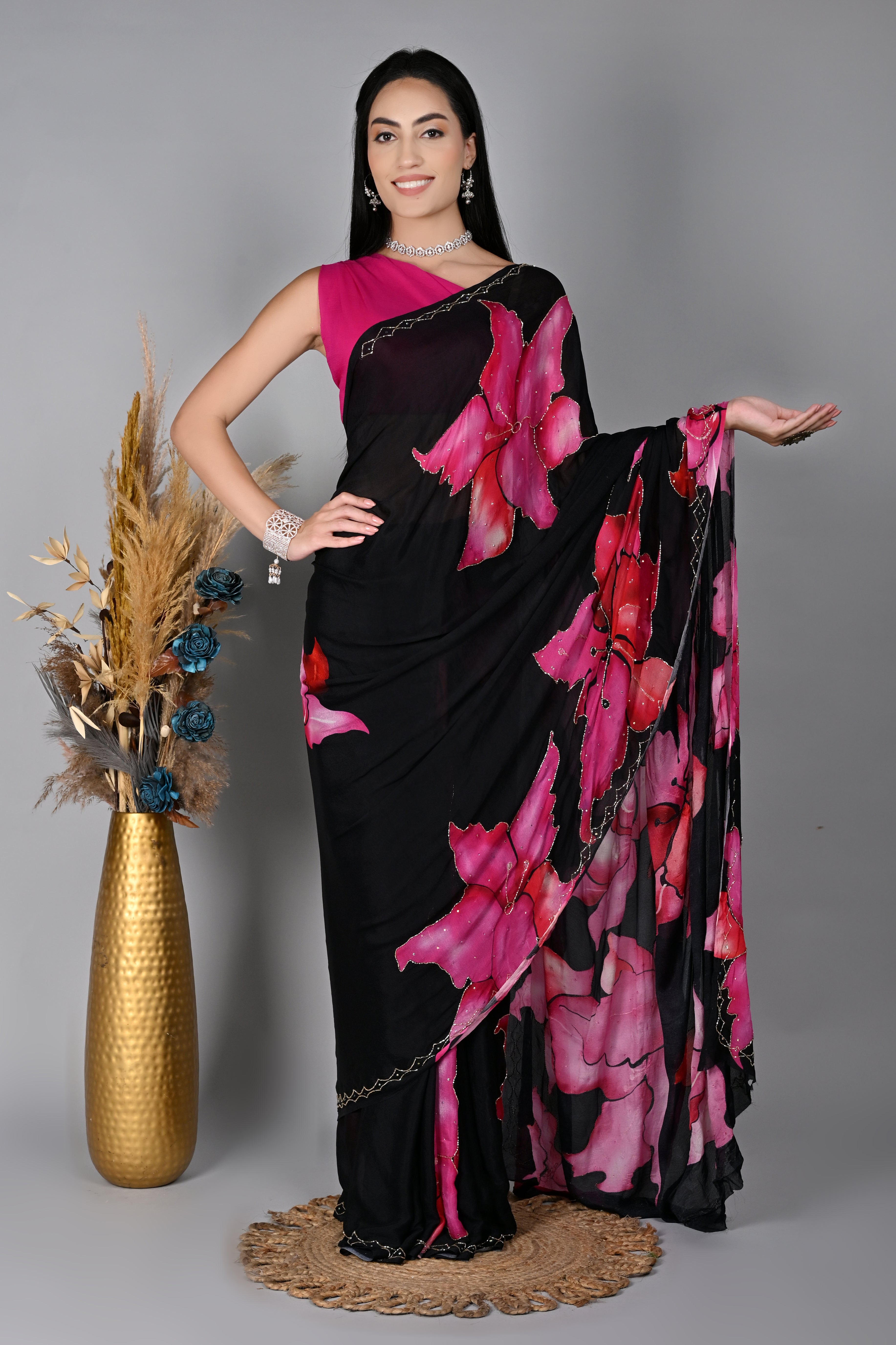 Midnight Blossom Digital Printed Chiffon Saree with Exquisite Cut Dana Work