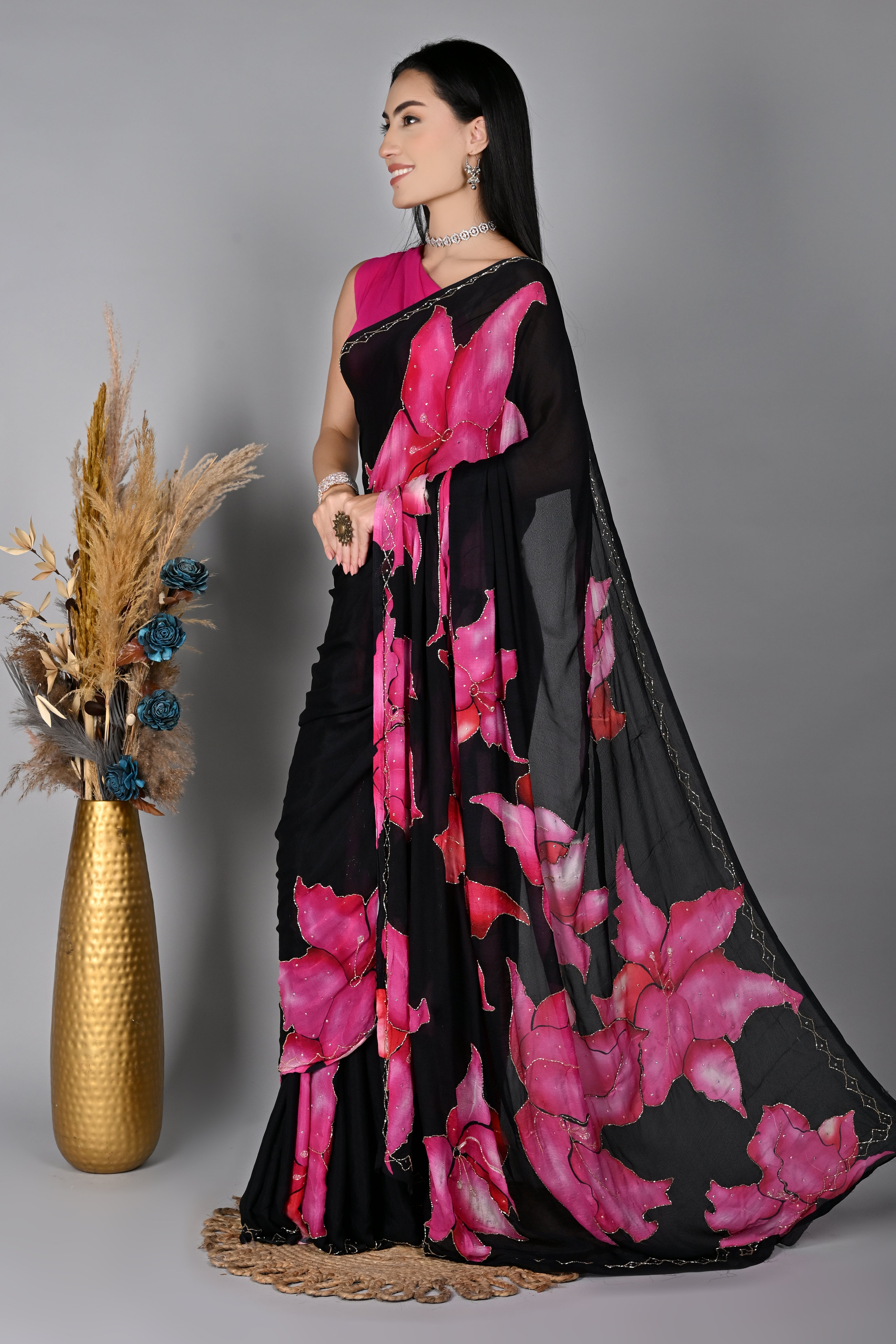 Midnight Blossom Digital Printed Chiffon Saree with Exquisite Cut Dana Work