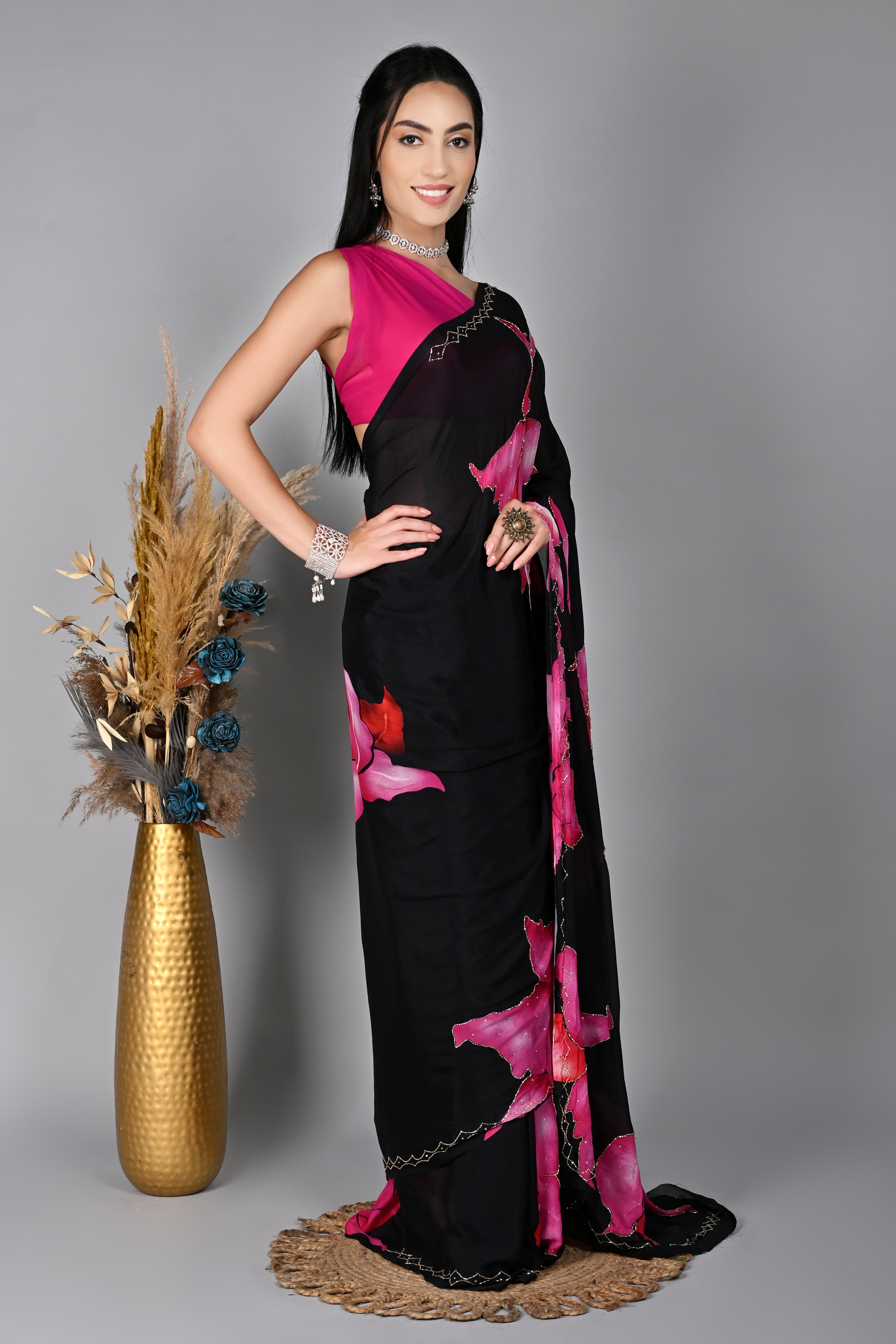 Midnight Blossom Digital Printed Chiffon Saree with Exquisite Cut Dana Work