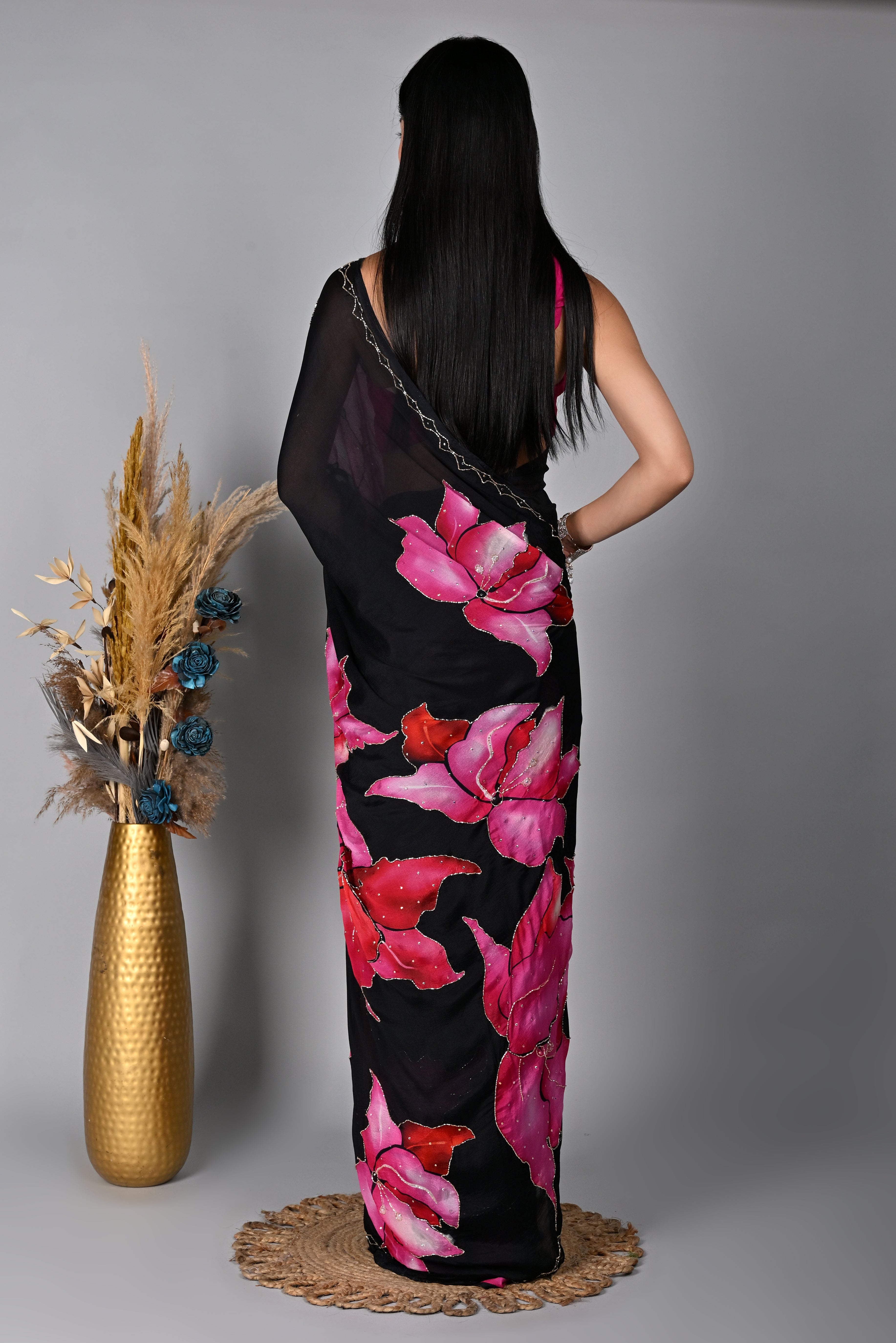 Midnight Blossom Digital Printed Chiffon Saree with Exquisite Cut Dana Work