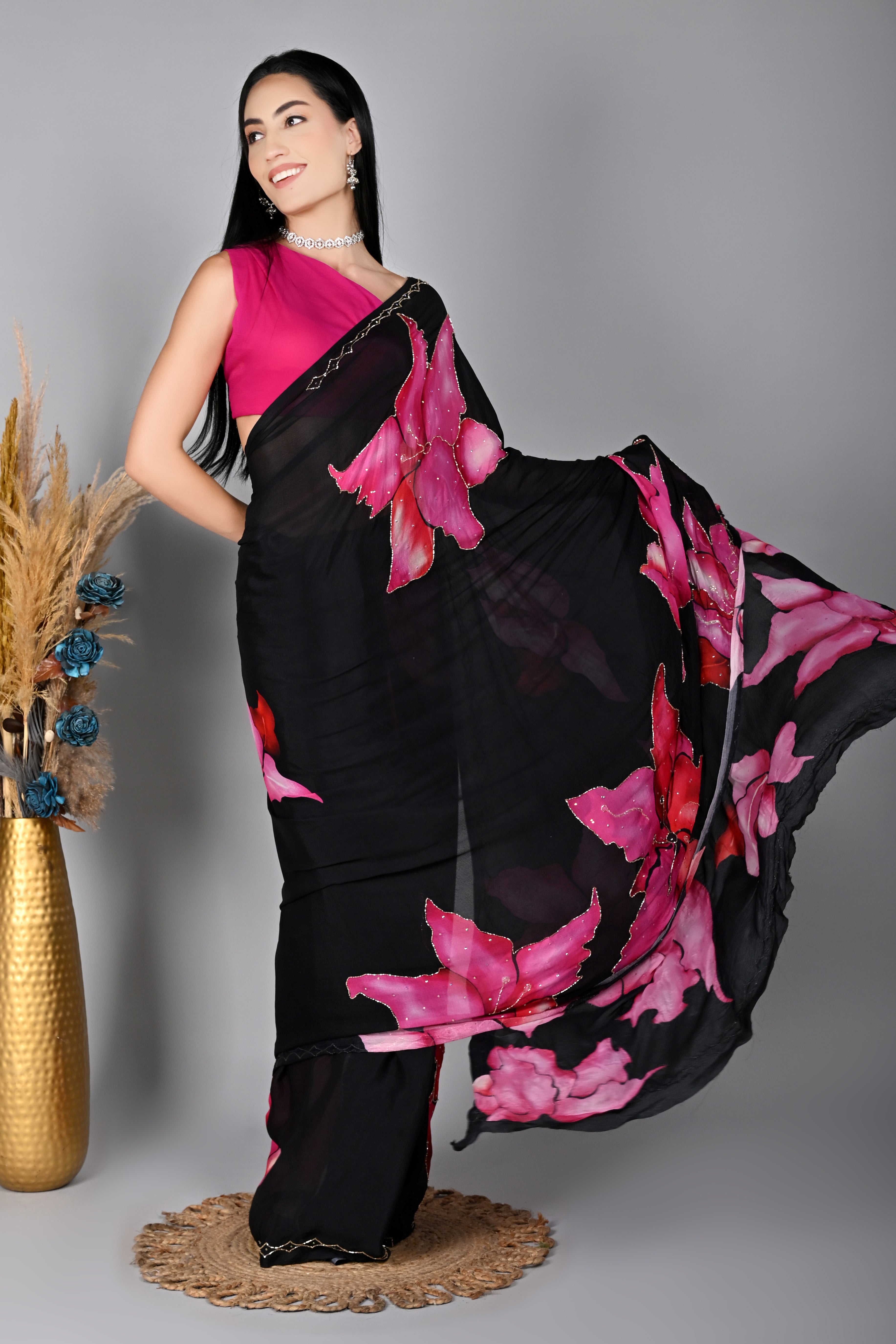 Midnight Blossom Digital Printed Chiffon Saree with Exquisite Cut Dana Work