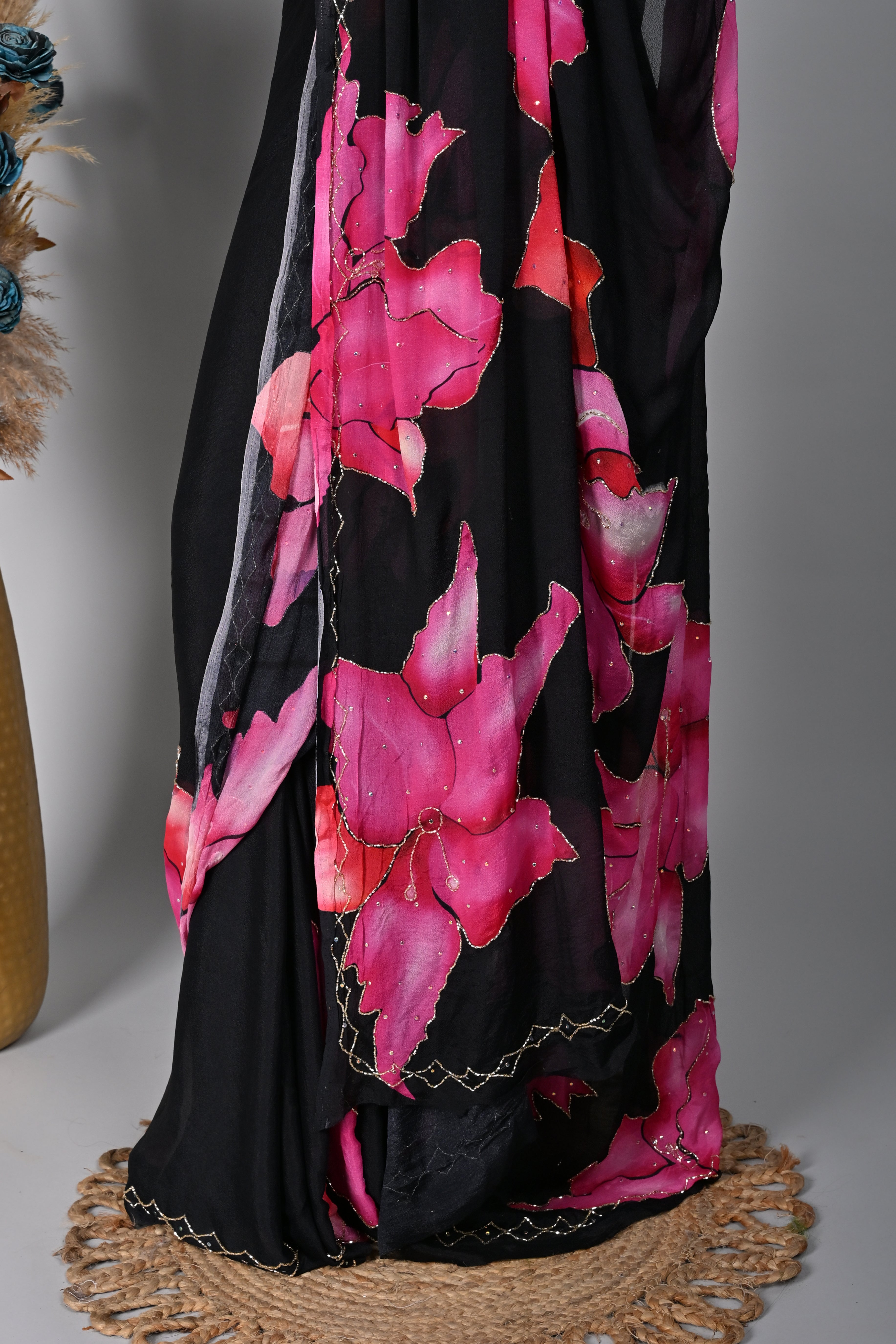 Midnight Blossom Digital Printed Chiffon Saree with Exquisite Cut Dana Work