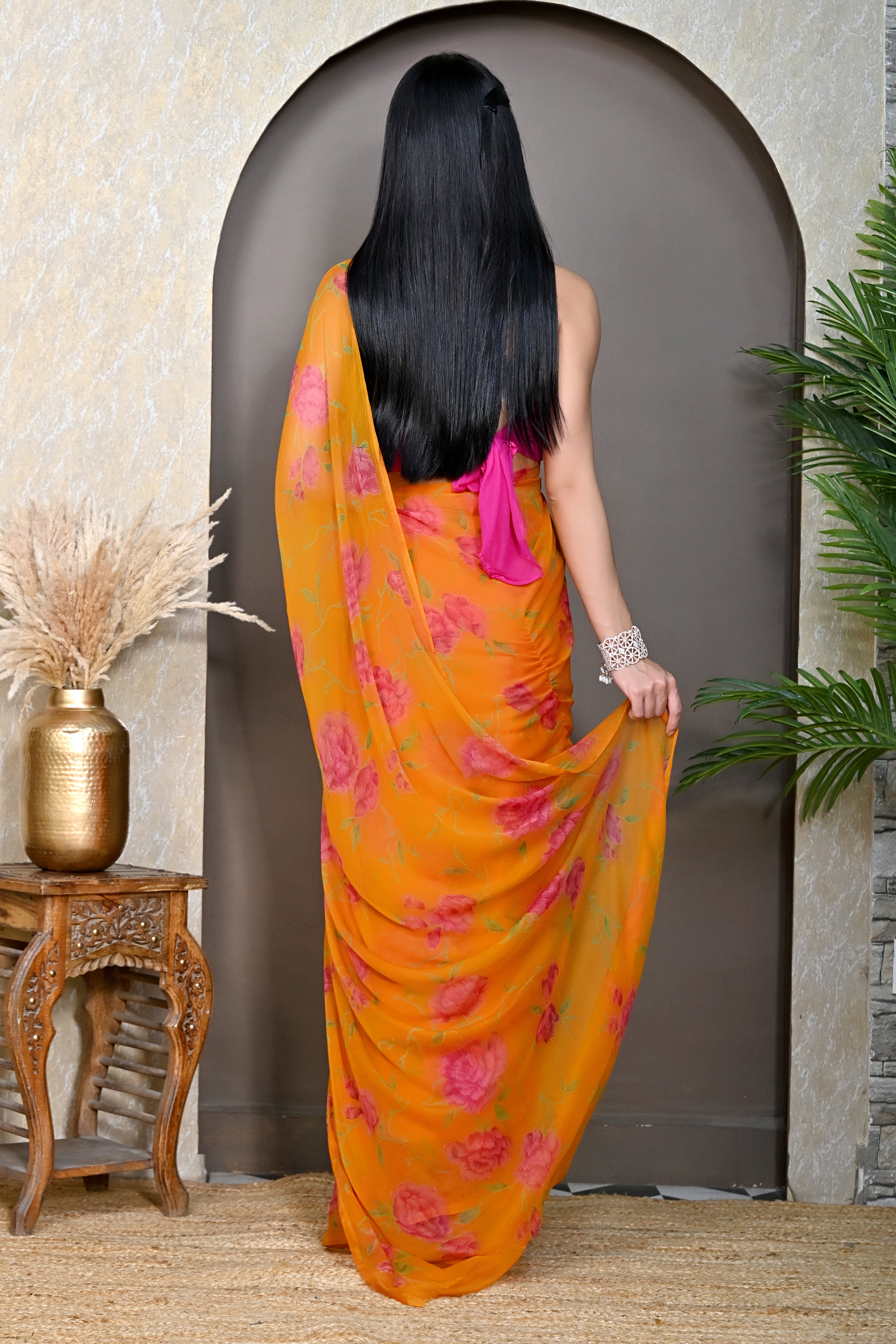Mustard Floral Printed Chiffon Saree