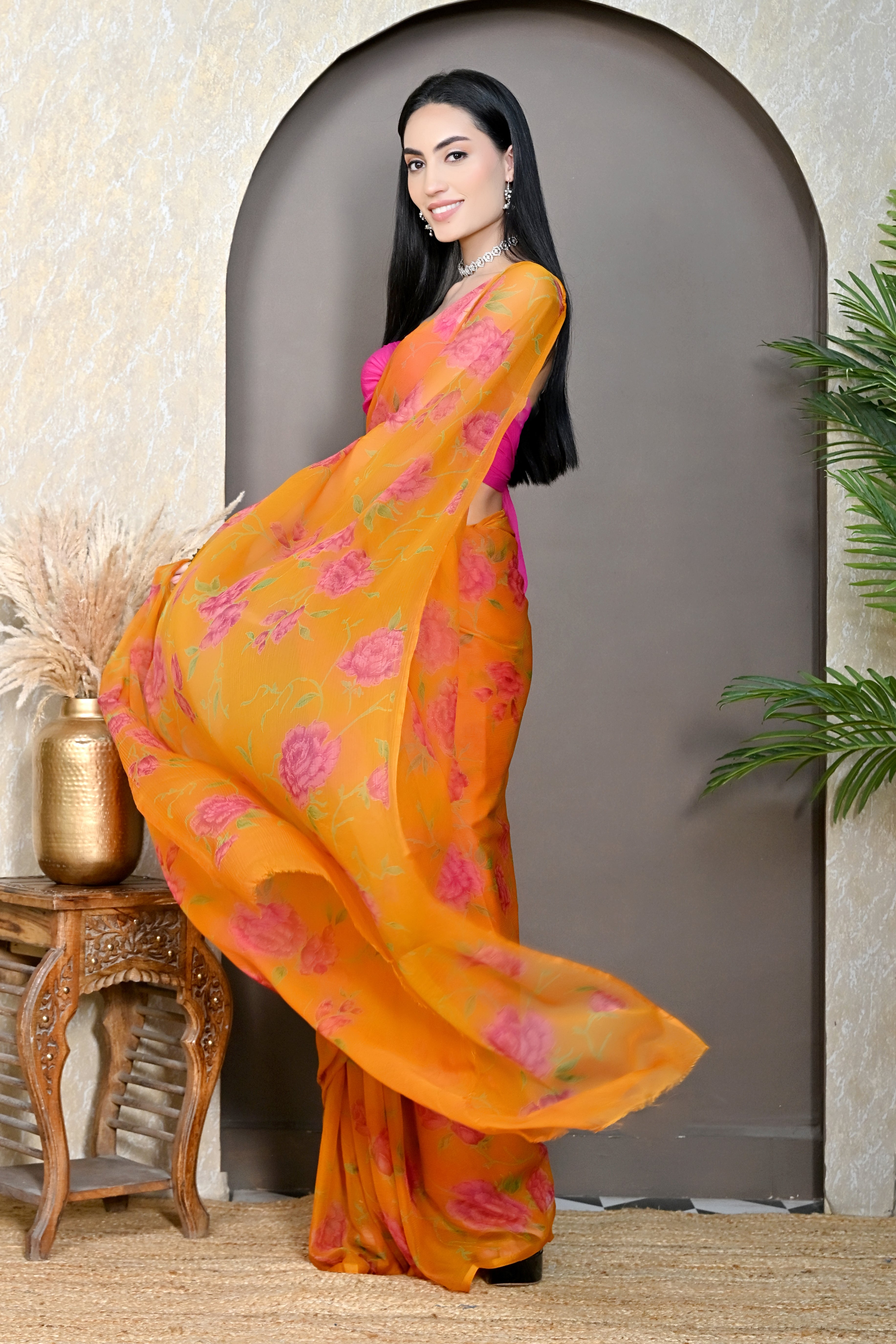 Mustard Floral Printed Chiffon Saree