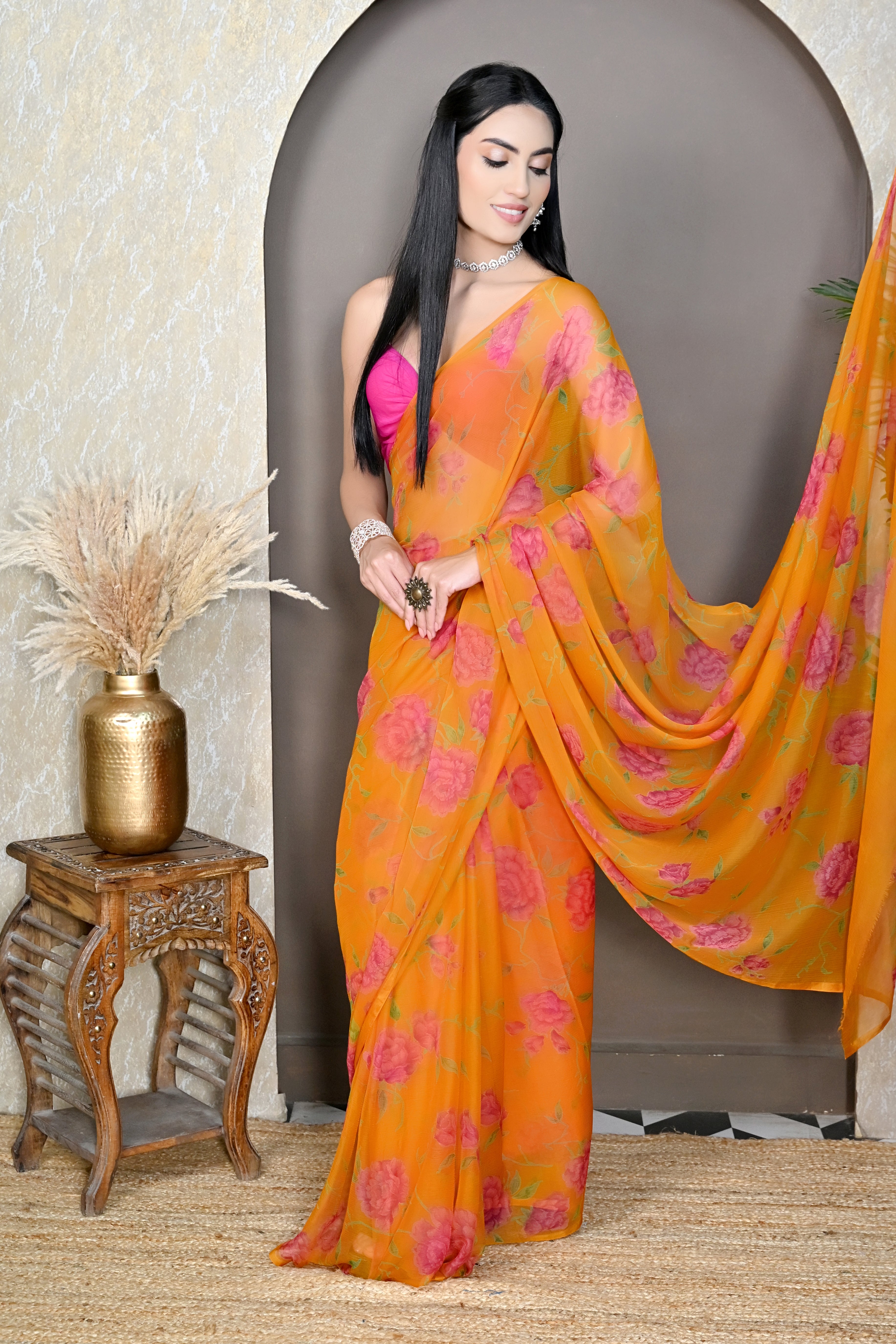 Mustard Floral Printed Chiffon Saree