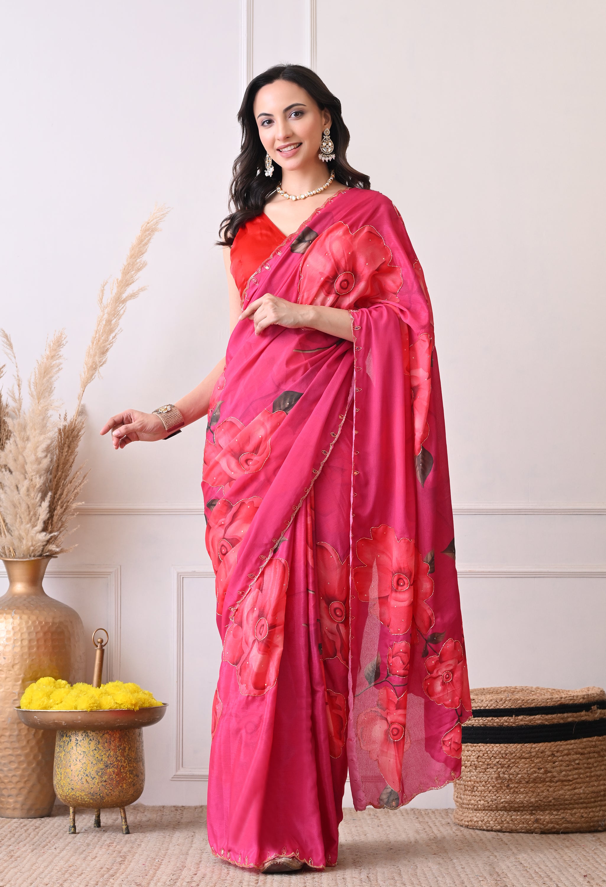 Digital Printed Pink Georgette Saree