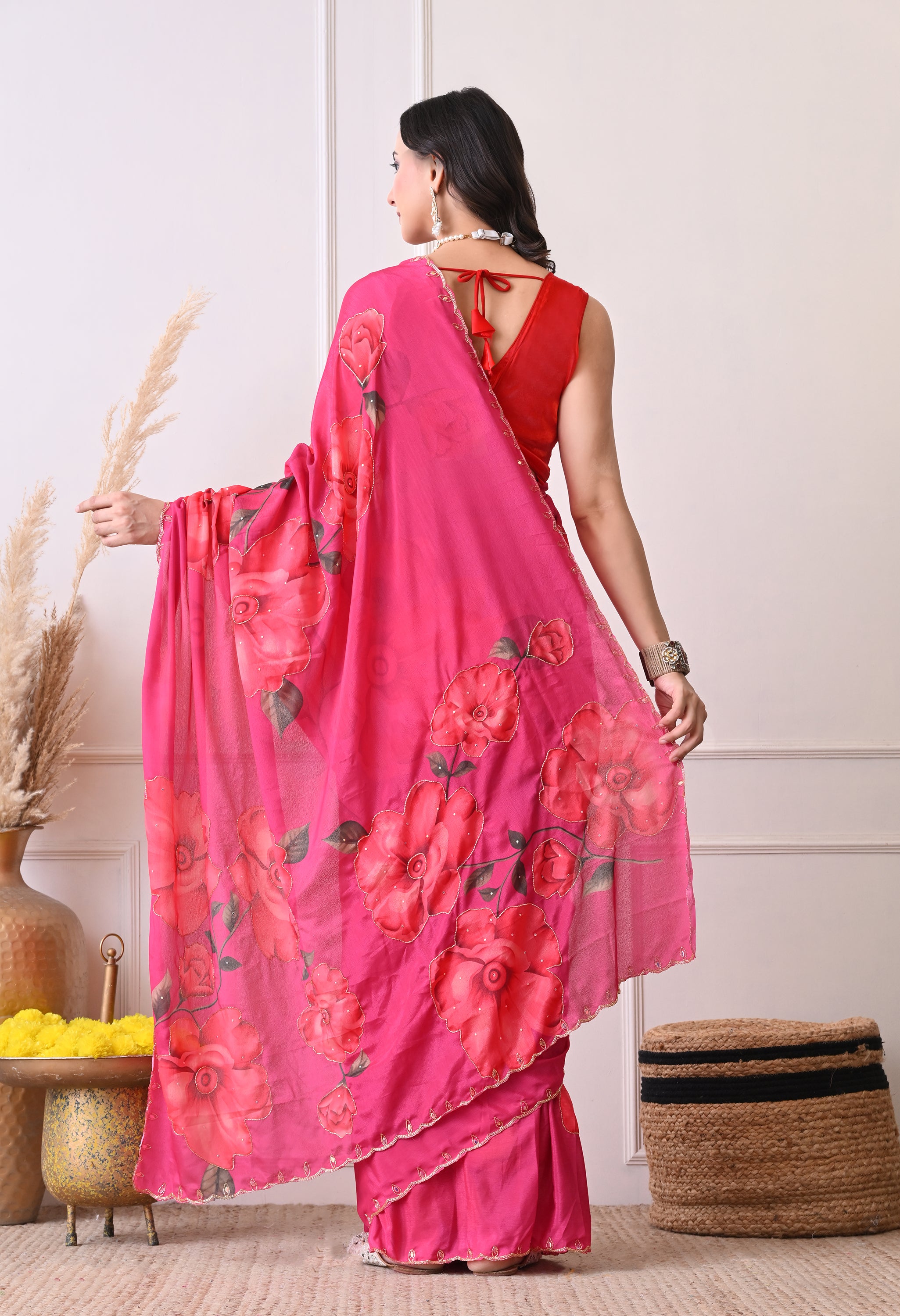 Digital Printed Pink Georgette Saree