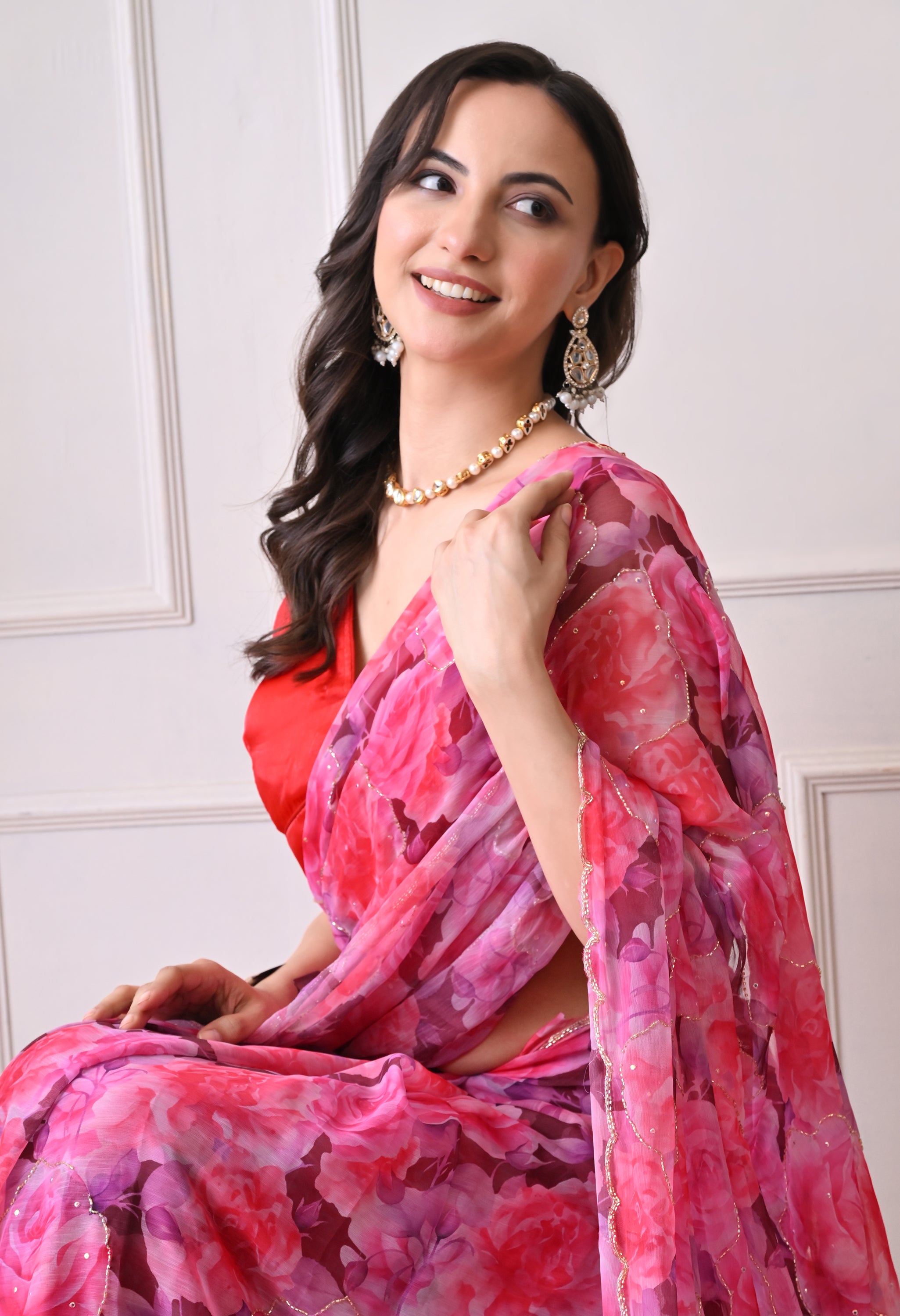 Digital Printed Pink Chiffon Saree