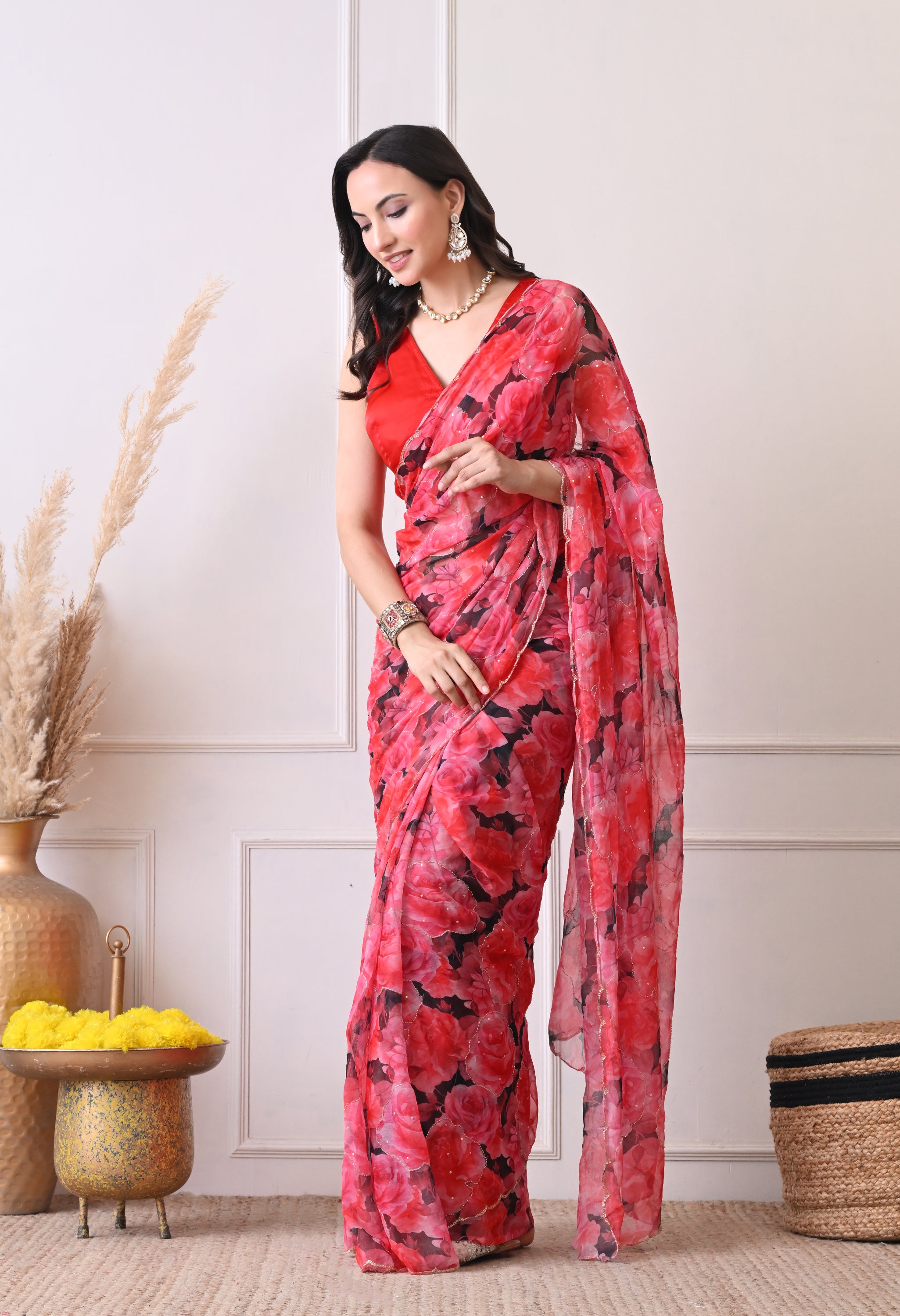 Digital Printed Red Chiffon Saree