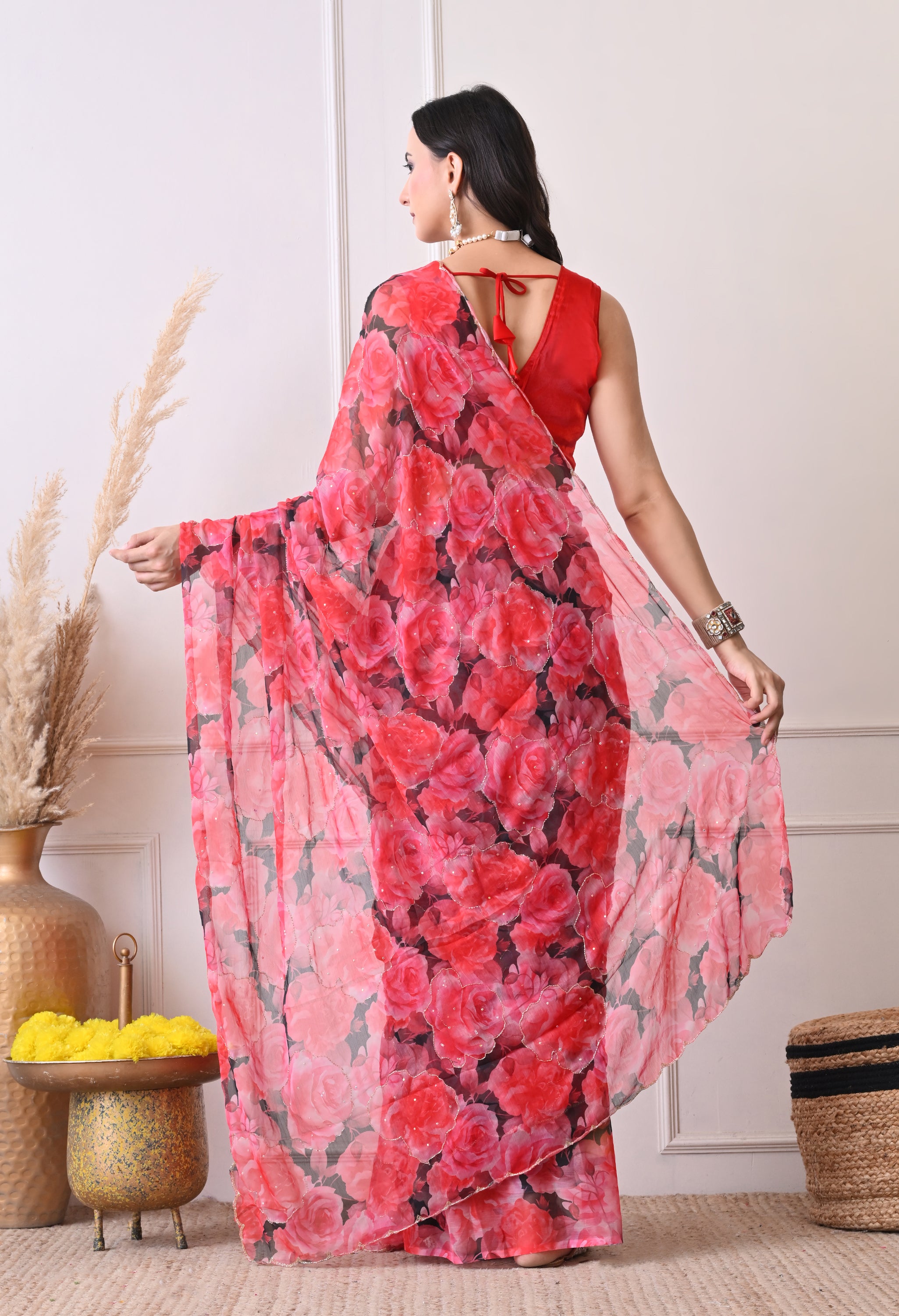 Digital Printed Red Chiffon Saree